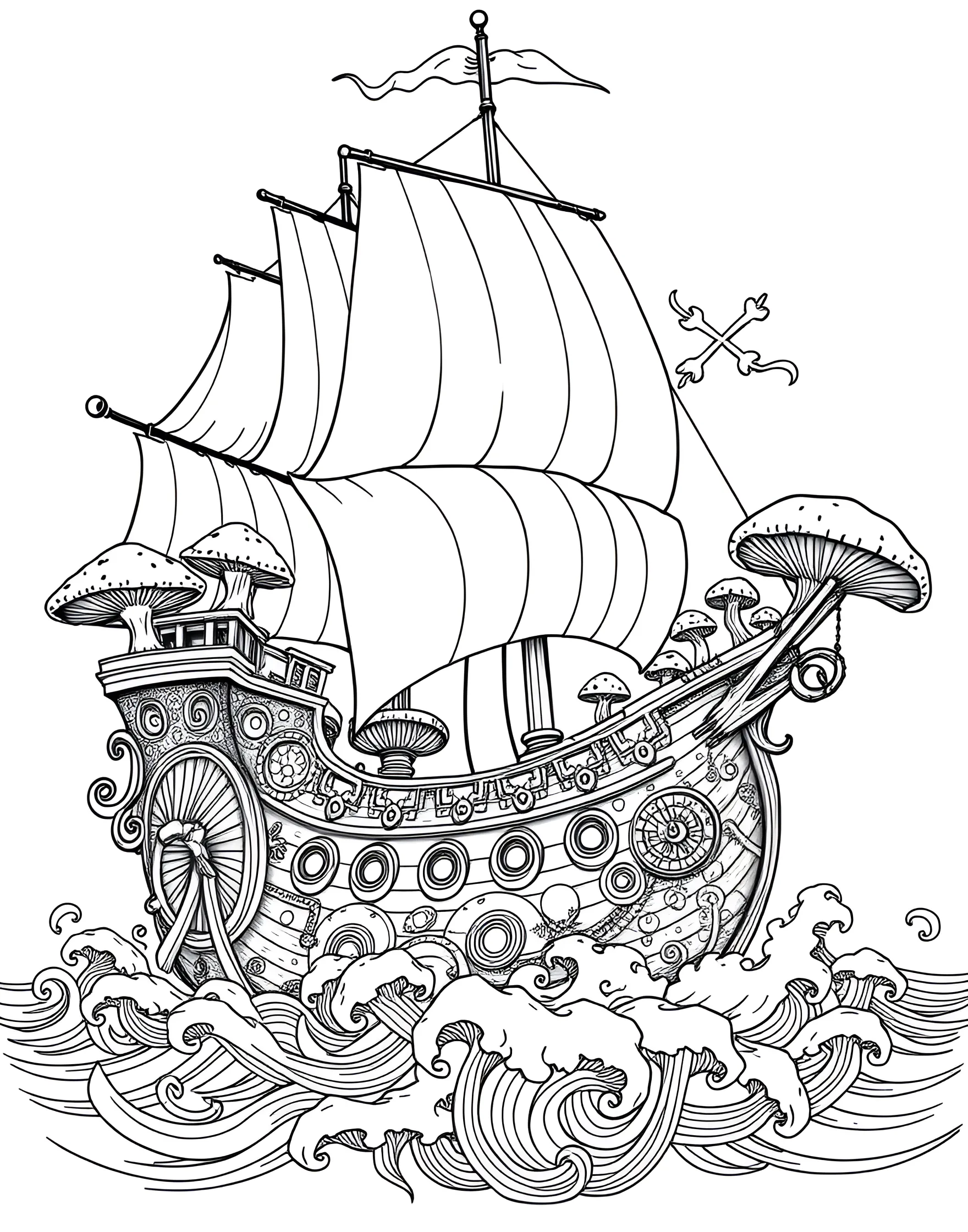 Mushroom Pirate Ship Coloring Page -- prompt: "A pirate ship with mushroom-shaped sails and fungal elements sailing on the open sea." -- Set sail on a fungal adventure with this mushroom pirate ship coloring page. A large ship with mushroom-shaped sails and fungal elements navigates through waves, ready for high-seas escapades. This unique combination of themes is sure to spark creativity and imagination.