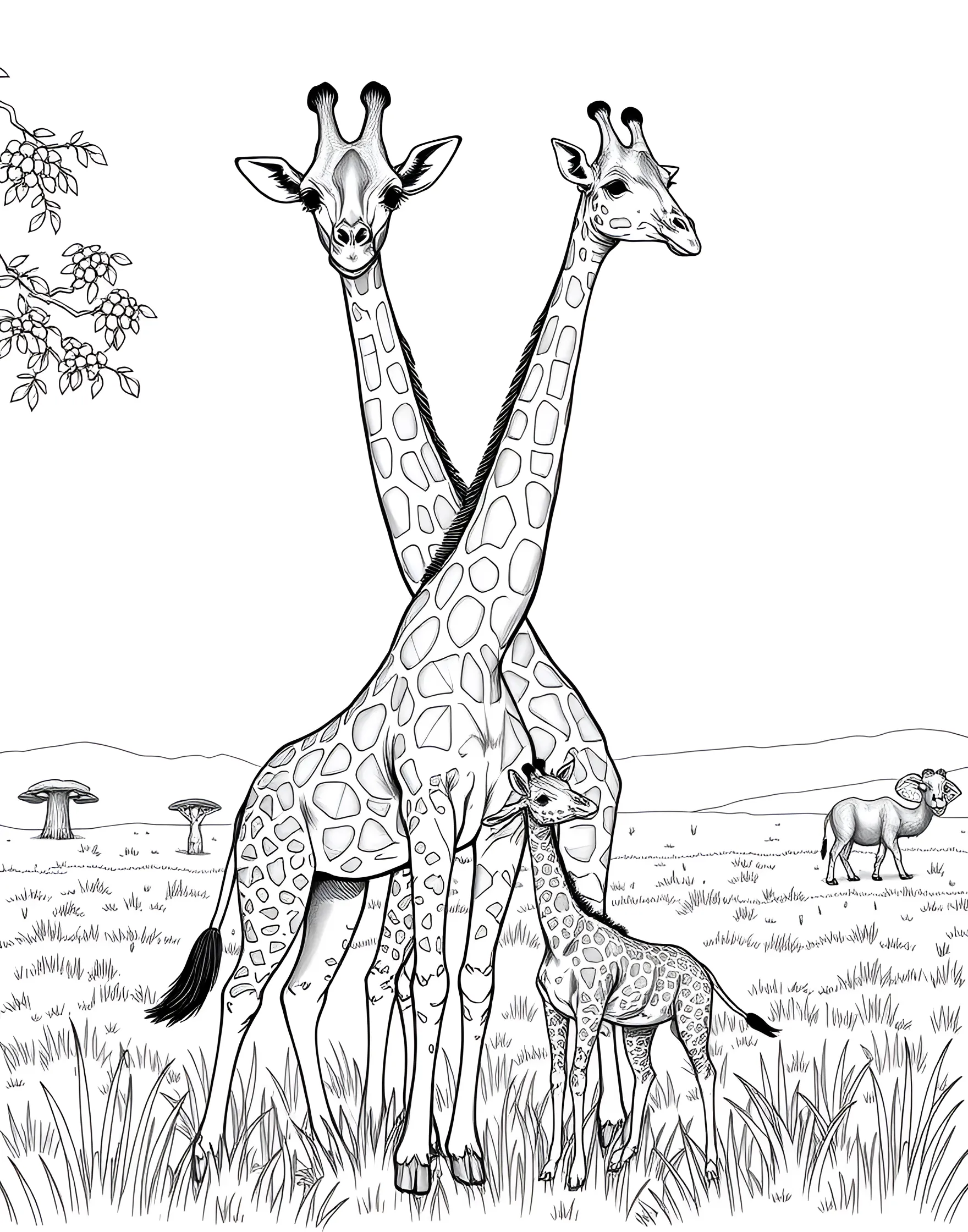 Towering Giraffe Family Coloring Page -- prompt: "A family of giraffes in the African savanna, with adults feeding from tall trees and a baby giraffe nearby." -- Reach new heights with this charming coloring page featuring a family of giraffes. The long-necked creatures are shown in various poses, from grazing on treetops to nuzzling their young. This page offers a wonderful opportunity to practice shading techniques and learn about giraffe social behavior.