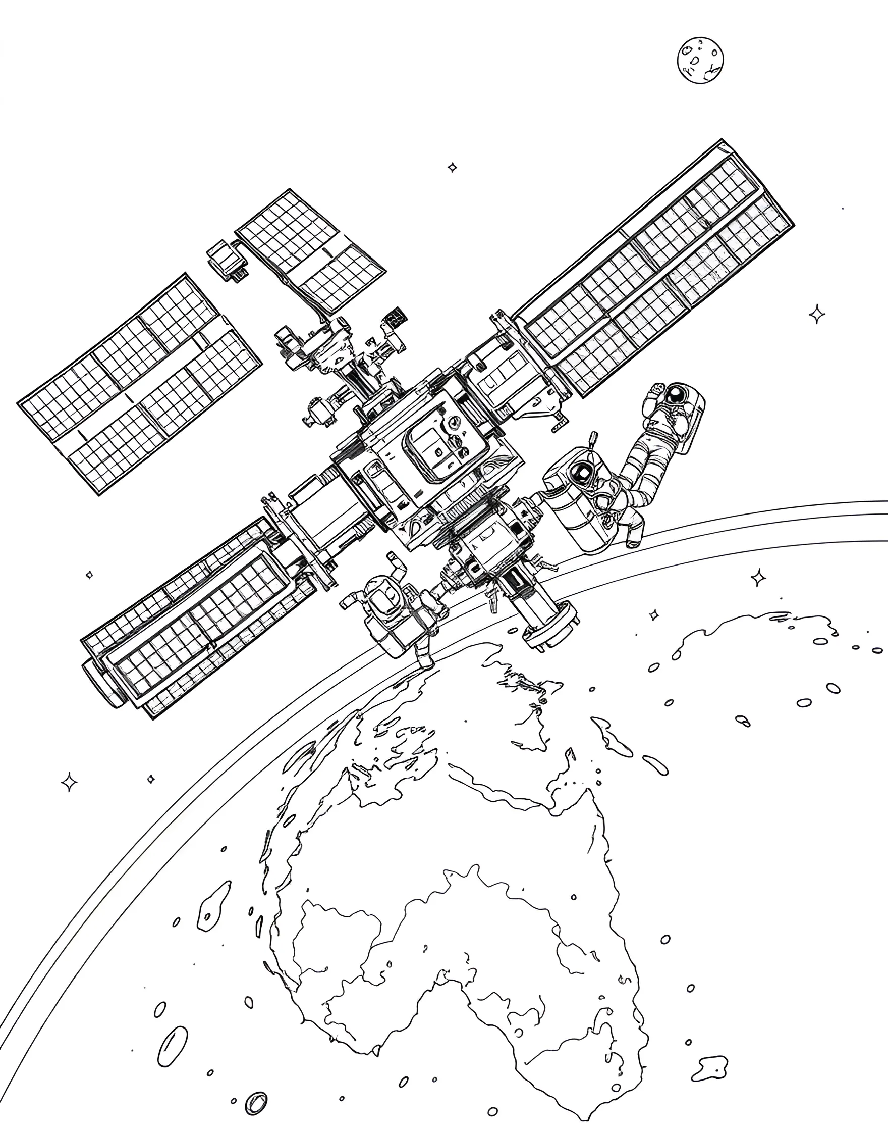 Space Station Orbit Coloring Page -- prompt: "The International Space Station orbiting above Earth, with detailed solar panels and modules visible against the backdrop of the planet." -- Discover the marvels of human ingenuity with this detailed space station coloring page. The international space station is depicted orbiting Earth, with solar panels extended and modules clearly visible. This page offers a great opportunity to learn about life in space and the importance of international cooperation in space exploration.