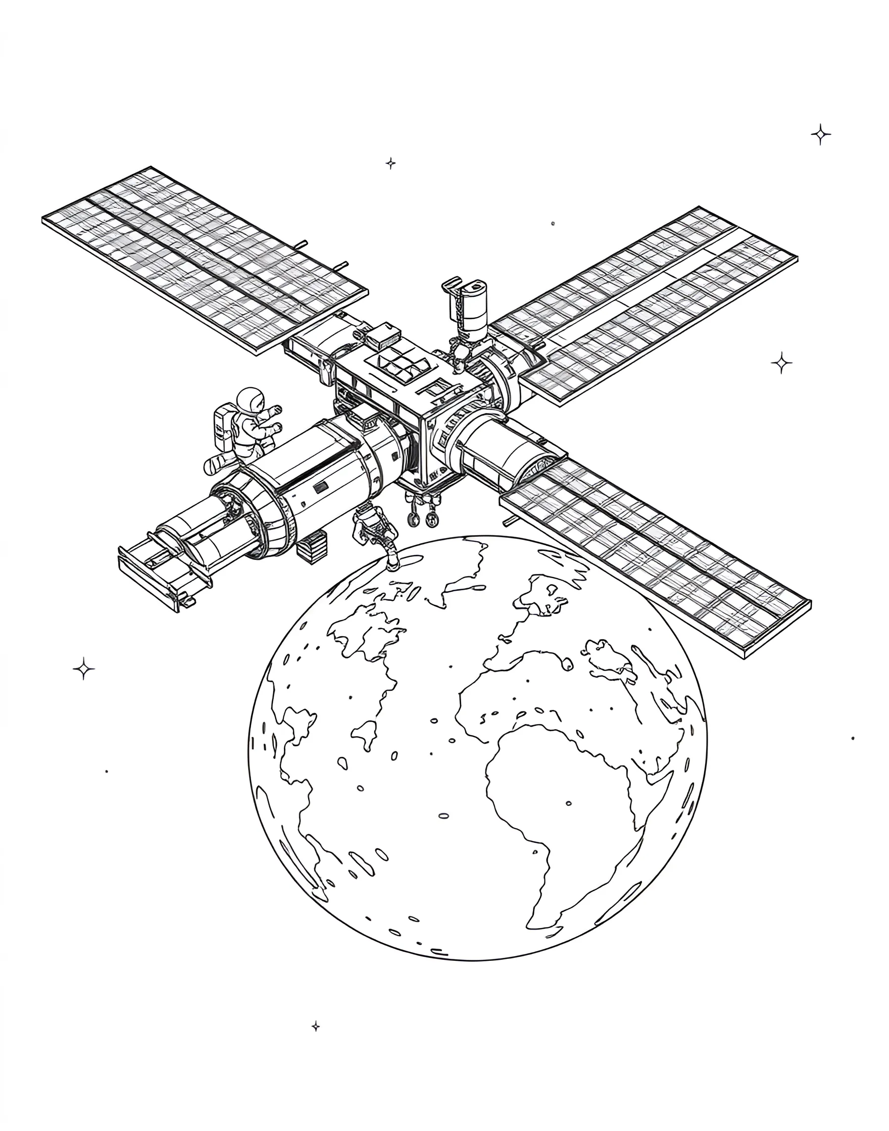 Space Station Orbit Coloring Page -- prompt: "The International Space Station orbiting above Earth, with detailed solar panels and modules visible against the backdrop of the planet." -- Discover the marvels of human ingenuity with this detailed space station coloring page. The international space station is depicted orbiting Earth, with solar panels extended and modules clearly visible. This page offers a great opportunity to learn about life in space and the importance of international cooperation in space exploration.