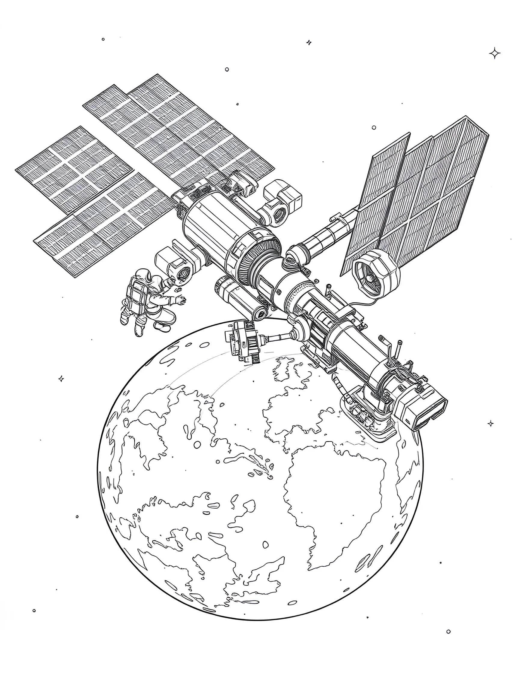 Space Station Orbit Coloring Page -- prompt: "The International Space Station orbiting above Earth, with detailed solar panels and modules visible against the backdrop of the planet." -- Discover the marvels of human ingenuity with this detailed space station coloring page. The international space station is depicted orbiting Earth, with solar panels extended and modules clearly visible. This page offers a great opportunity to learn about life in space and the importance of international cooperation in space exploration.