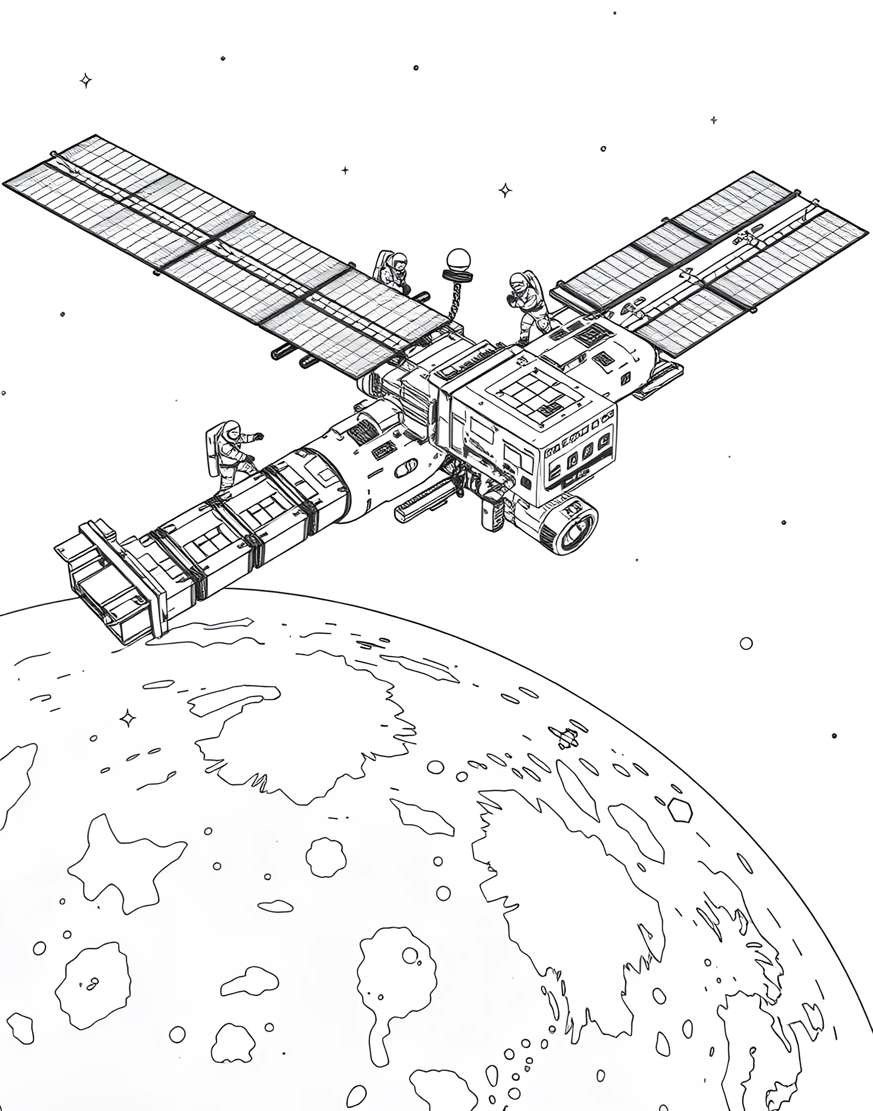 Space Station Orbit Coloring Page -- prompt: "The International Space Station orbiting above Earth, with detailed solar panels and modules visible against the backdrop of the planet." -- Discover the marvels of human ingenuity with this detailed space station coloring page. The international space station is depicted orbiting Earth, with solar panels extended and modules clearly visible. This page offers a great opportunity to learn about life in space and the importance of international cooperation in space exploration.