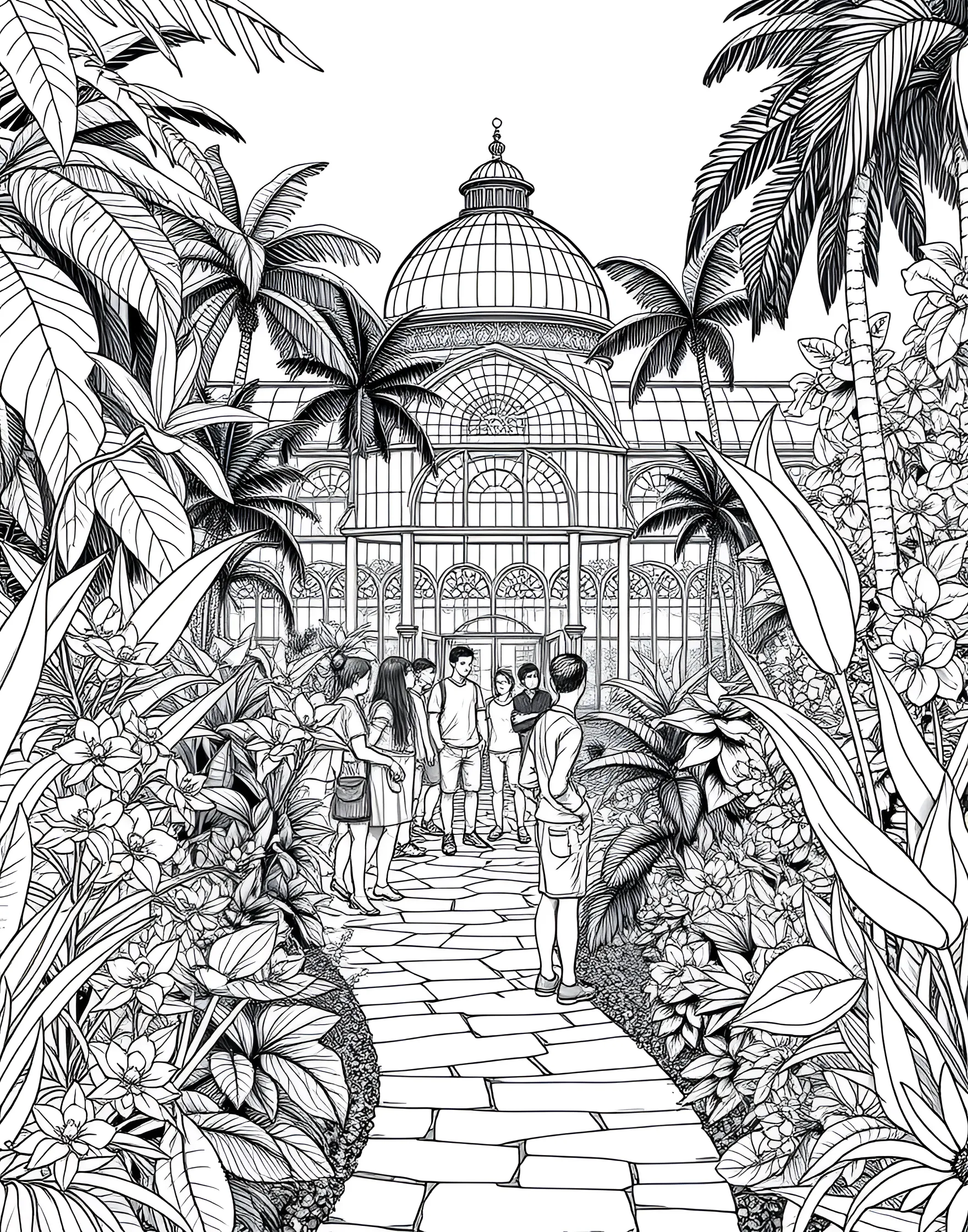 Summer Botanical Garden Tour Coloring Page -- prompt: "People touring a diverse botanical garden with exotic plants and flowers." -- Explore nature's beauty with this lush botanical garden scene. Visitors stroll along winding paths, admiring exotic plants and flowers in various themed gardens. This page offers a serene journey through summer's most stunning flora.