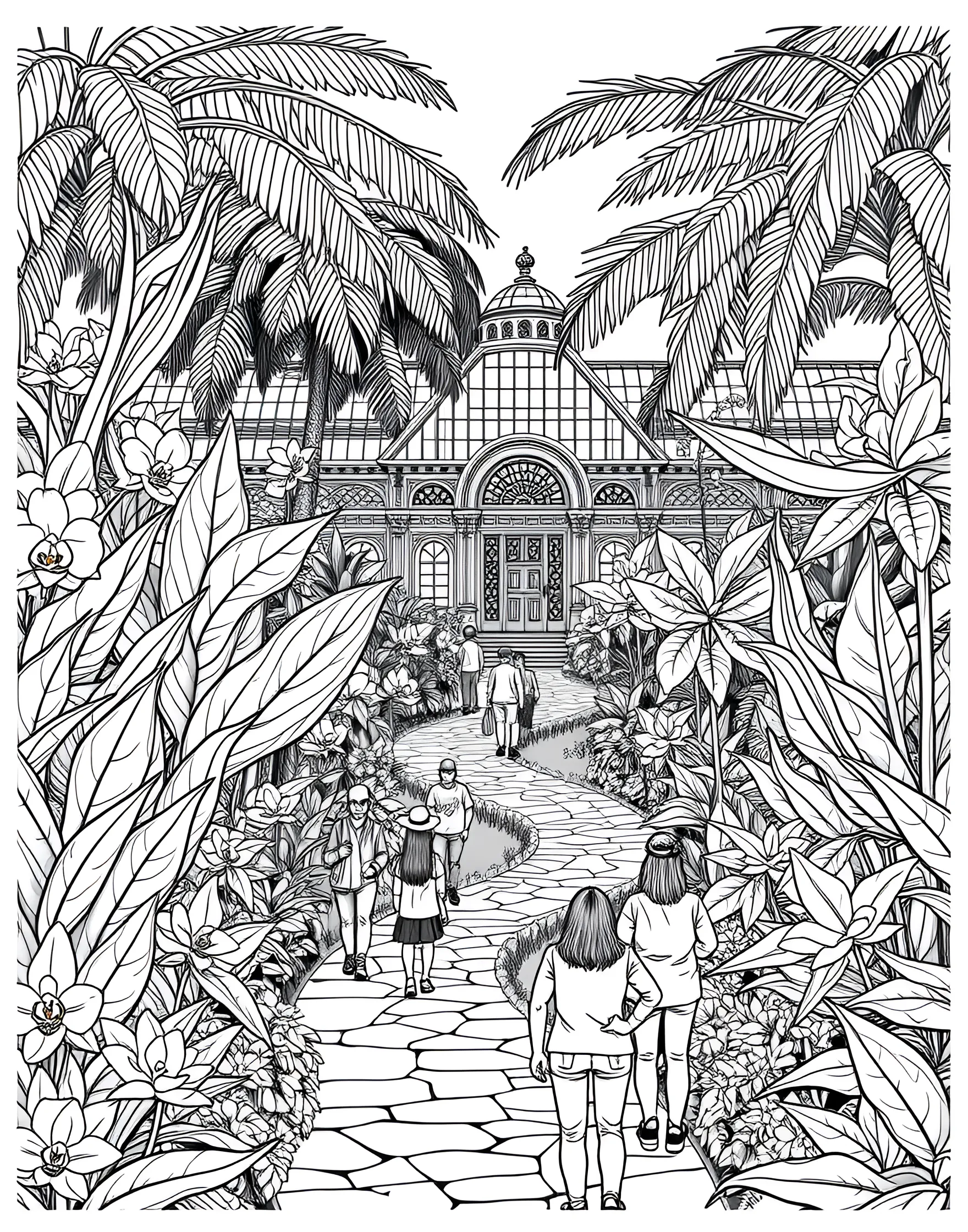 Summer Botanical Garden Tour Coloring Page -- prompt: "People touring a diverse botanical garden with exotic plants and flowers." -- Explore nature's beauty with this lush botanical garden scene. Visitors stroll along winding paths, admiring exotic plants and flowers in various themed gardens. This page offers a serene journey through summer's most stunning flora.