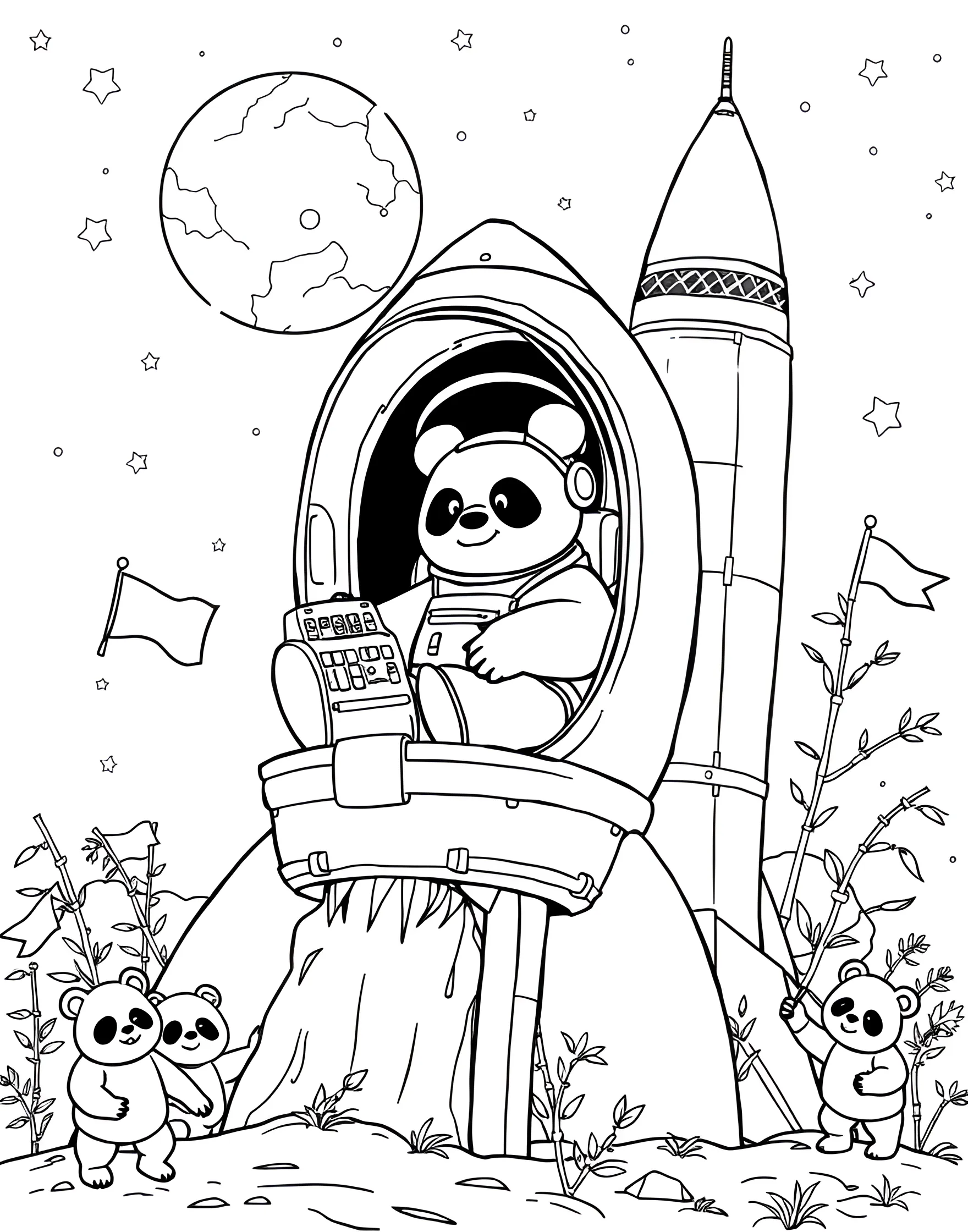 Panda's Bamboo Rocket Launch Coloring Page -- prompt: "A panda astronaut in a bamboo rocket preparing for launch, surrounded by cheering pandas." -- Blast off into panda space exploration with this imaginative coloring page. A brave panda astronaut sits atop a rocket ship constructed from bamboo stalks and leaves. The launch pad is surrounded by cheering pandas, while bamboo stars twinkle in the background.