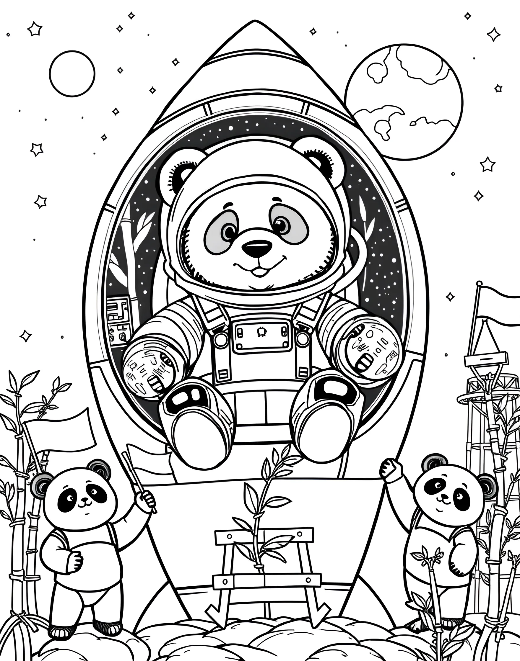 Panda's Bamboo Rocket Launch Coloring Page -- prompt: "A panda astronaut in a bamboo rocket preparing for launch, surrounded by cheering pandas." -- Blast off into panda space exploration with this imaginative coloring page. A brave panda astronaut sits atop a rocket ship constructed from bamboo stalks and leaves. The launch pad is surrounded by cheering pandas, while bamboo stars twinkle in the background.