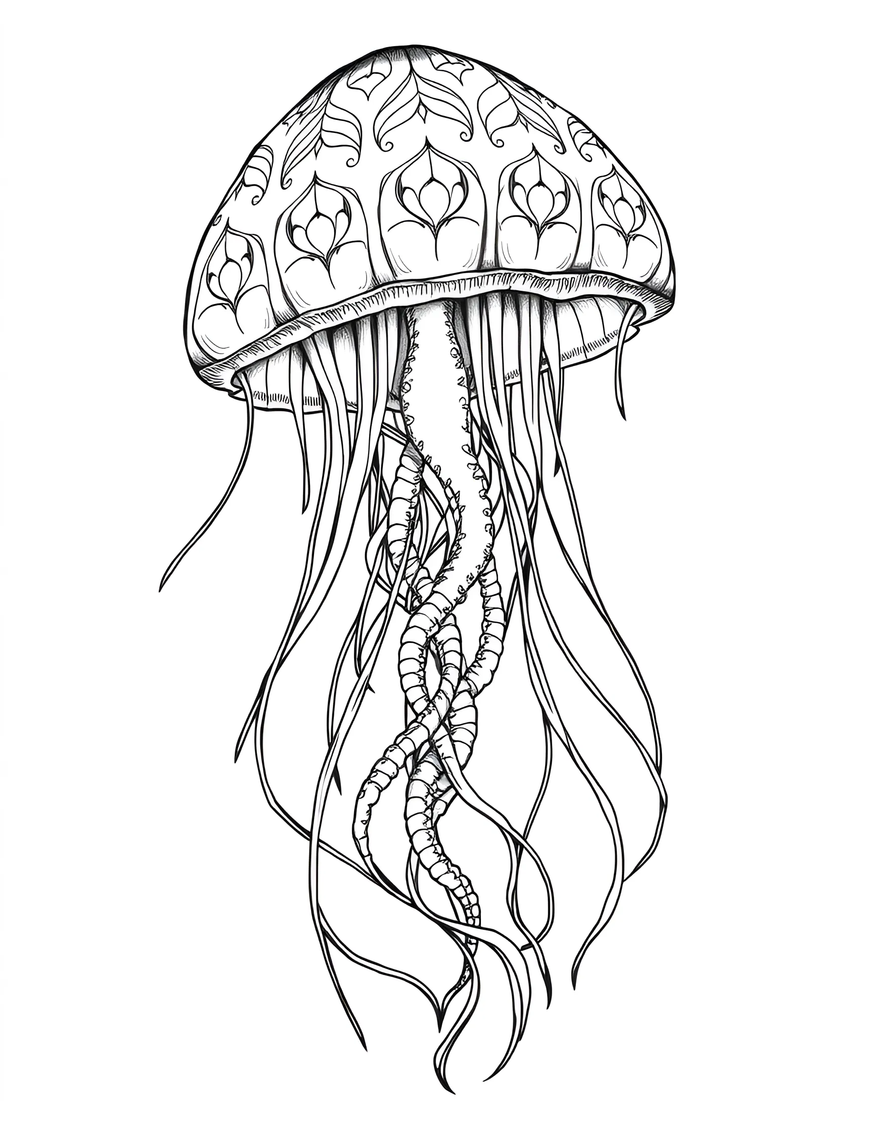 Rainbow Jellyfish Coloring Page -- prompt: "A large jellyfish with a translucent bell and long, flowing tentacles in rainbow colors." -- Drift through a colorful ocean with this rainbow jellyfish design. The flowing tentacles provide an opportunity for creative shading and blending. It's perfect for those who love unique sea creatures and fluid, organic shapes.