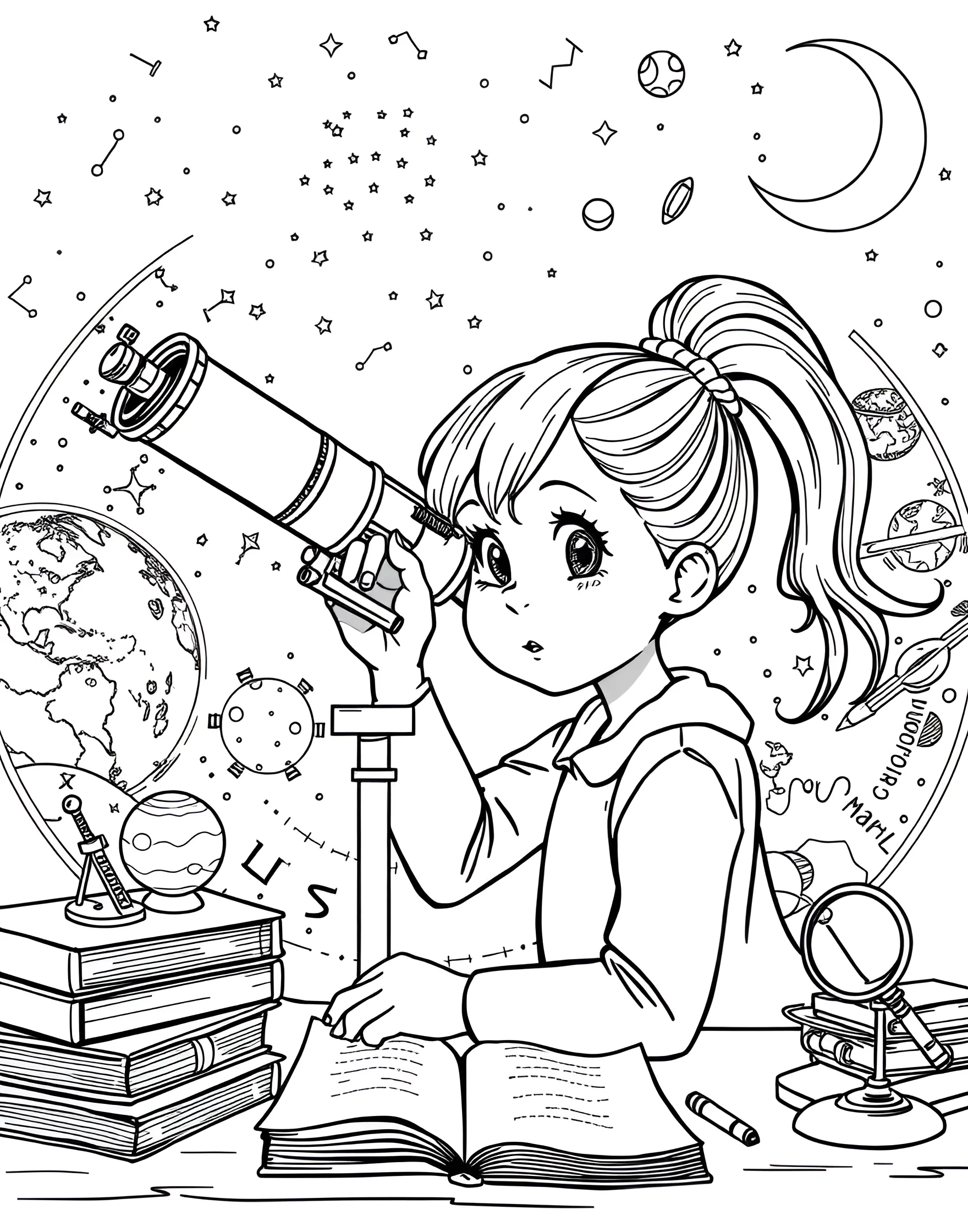 Girl Astronomer Stargazing with Telescope Coloring Page -- prompt: "A girl looking through a large telescope at night, surrounded by star charts and planet models." -- Explore the cosmos with this coloring page of a girl astronomer. She's peering through a large telescope, surrounded by star charts and planets. This page inspires wonder about the universe and encourages scientific curiosity.