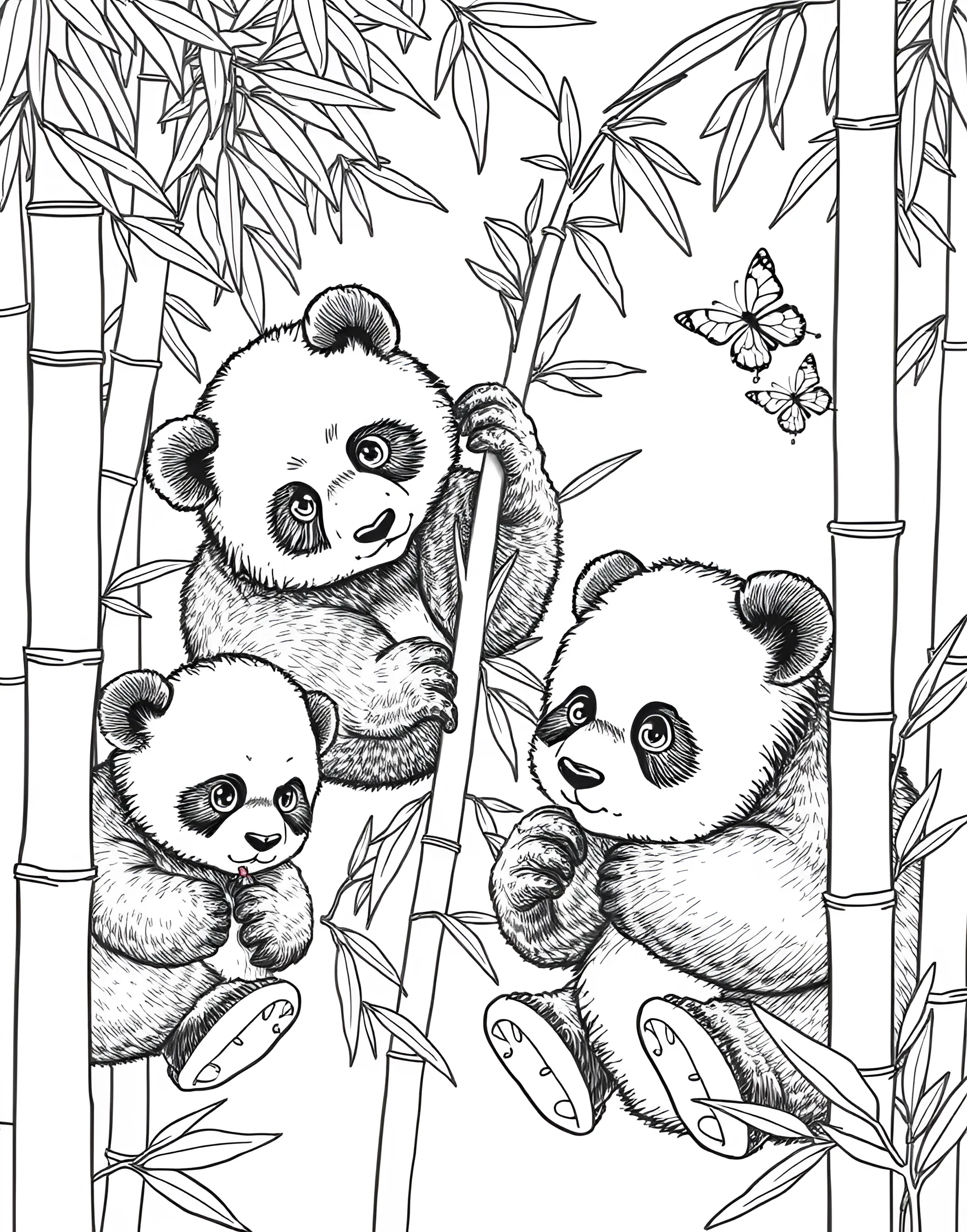 Panda's Bamboo Buffet Coloring Page -- prompt: "Giant pandas eating bamboo in a forested area, with some sitting and others climbing on bamboo stalks." -- Embark on a journey to China with this charming coloring page featuring giant pandas. The scene depicts these beloved bears munching on bamboo in their natural habitat. This page provides an excellent opportunity to practice black and white shading techniques and learn about endangered species conservation.