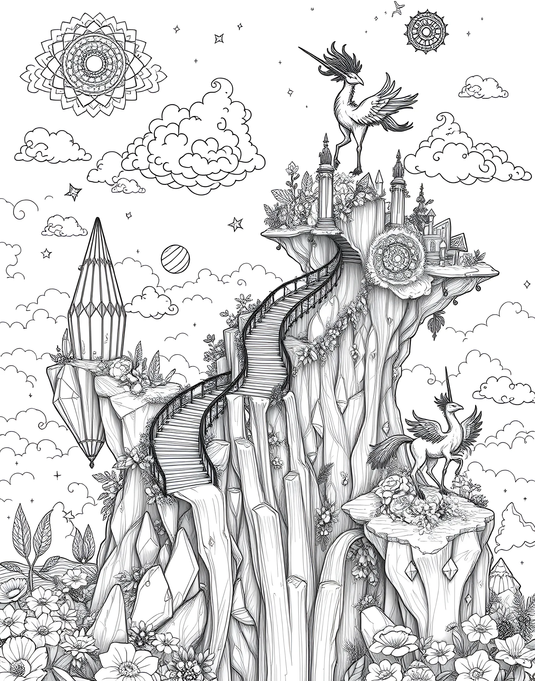 Surreal Dreamscape Coloring Page -- prompt: "A surreal landscape featuring floating islands, impossible structures, and fantastical creatures in a dreamlike composition, designed for adult coloring." -- Immerse yourself in a world of surreal beauty with this dreamscape coloring page. Fantastical elements like floating islands, impossible structures, and whimsical creatures combine in a mind-bending composition. Let your creativity soar as you bring this surreal world to life with color.