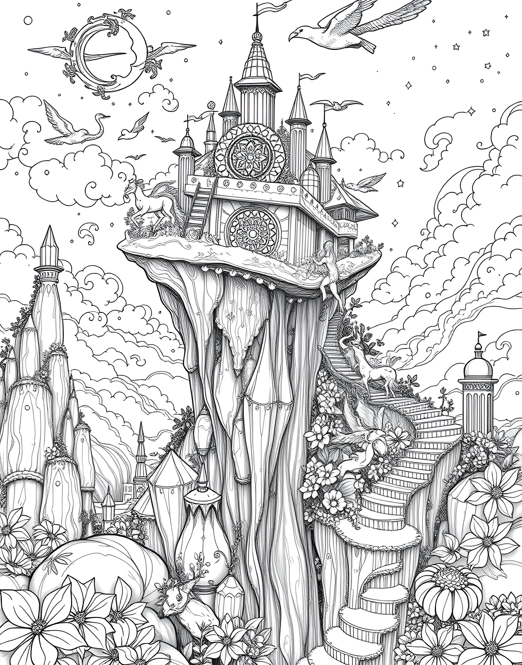 Surreal Dreamscape Coloring Page -- prompt: "A surreal landscape featuring floating islands, impossible structures, and fantastical creatures in a dreamlike composition, designed for adult coloring." -- Immerse yourself in a world of surreal beauty with this dreamscape coloring page. Fantastical elements like floating islands, impossible structures, and whimsical creatures combine in a mind-bending composition. Let your creativity soar as you bring this surreal world to life with color.