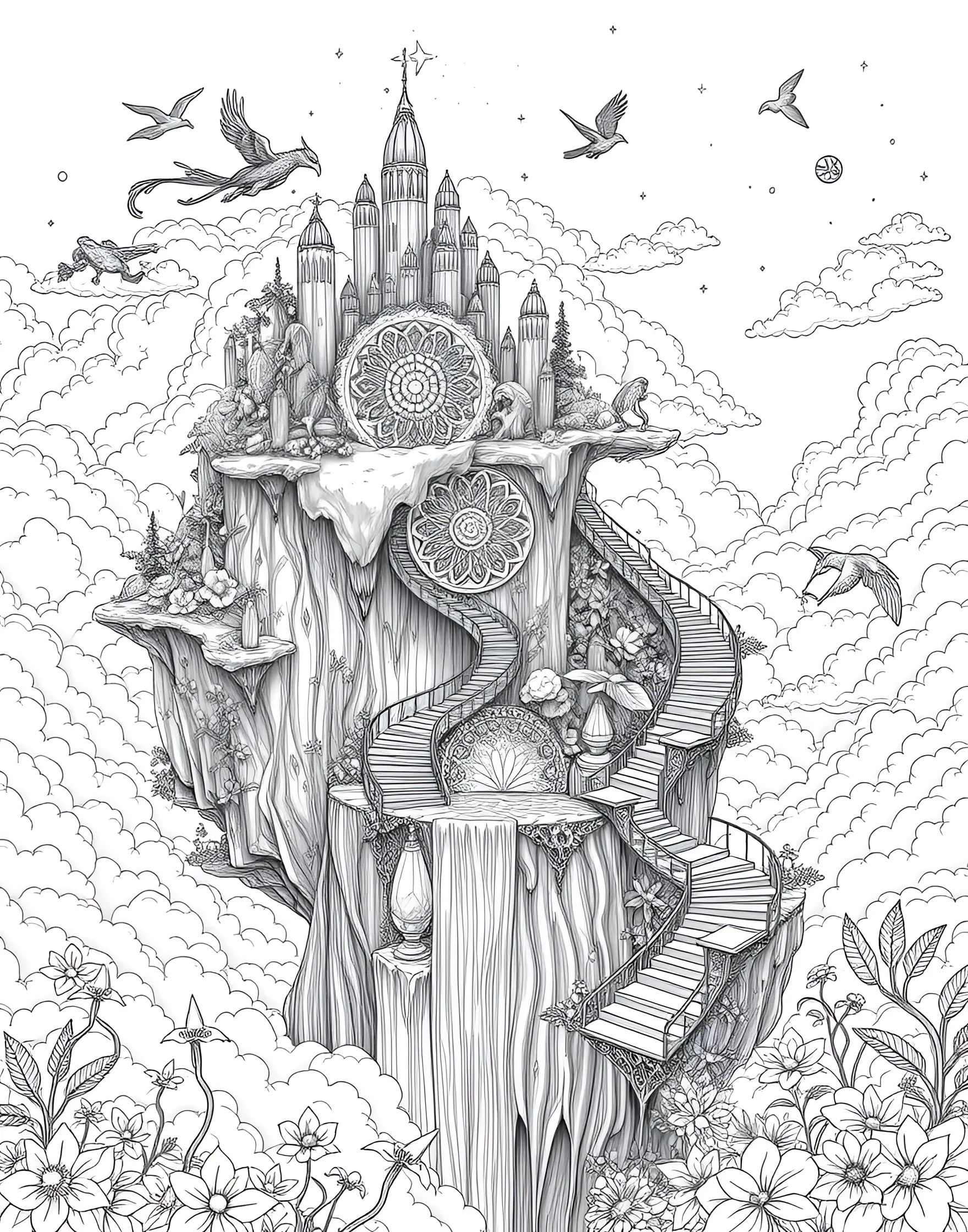 Surreal Dreamscape Coloring Page -- prompt: "A surreal landscape featuring floating islands, impossible structures, and fantastical creatures in a dreamlike composition, designed for adult coloring." -- Immerse yourself in a world of surreal beauty with this dreamscape coloring page. Fantastical elements like floating islands, impossible structures, and whimsical creatures combine in a mind-bending composition. Let your creativity soar as you bring this surreal world to life with color.