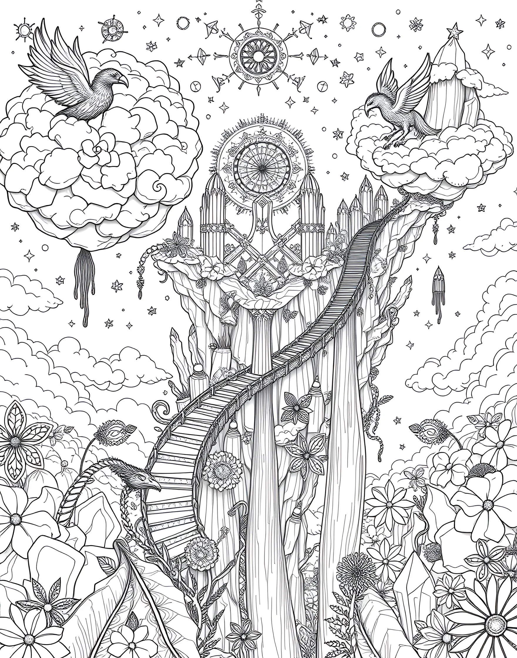 Surreal Dreamscape Coloring Page -- prompt: "A surreal landscape featuring floating islands, impossible structures, and fantastical creatures in a dreamlike composition, designed for adult coloring." -- Immerse yourself in a world of surreal beauty with this dreamscape coloring page. Fantastical elements like floating islands, impossible structures, and whimsical creatures combine in a mind-bending composition. Let your creativity soar as you bring this surreal world to life with color.