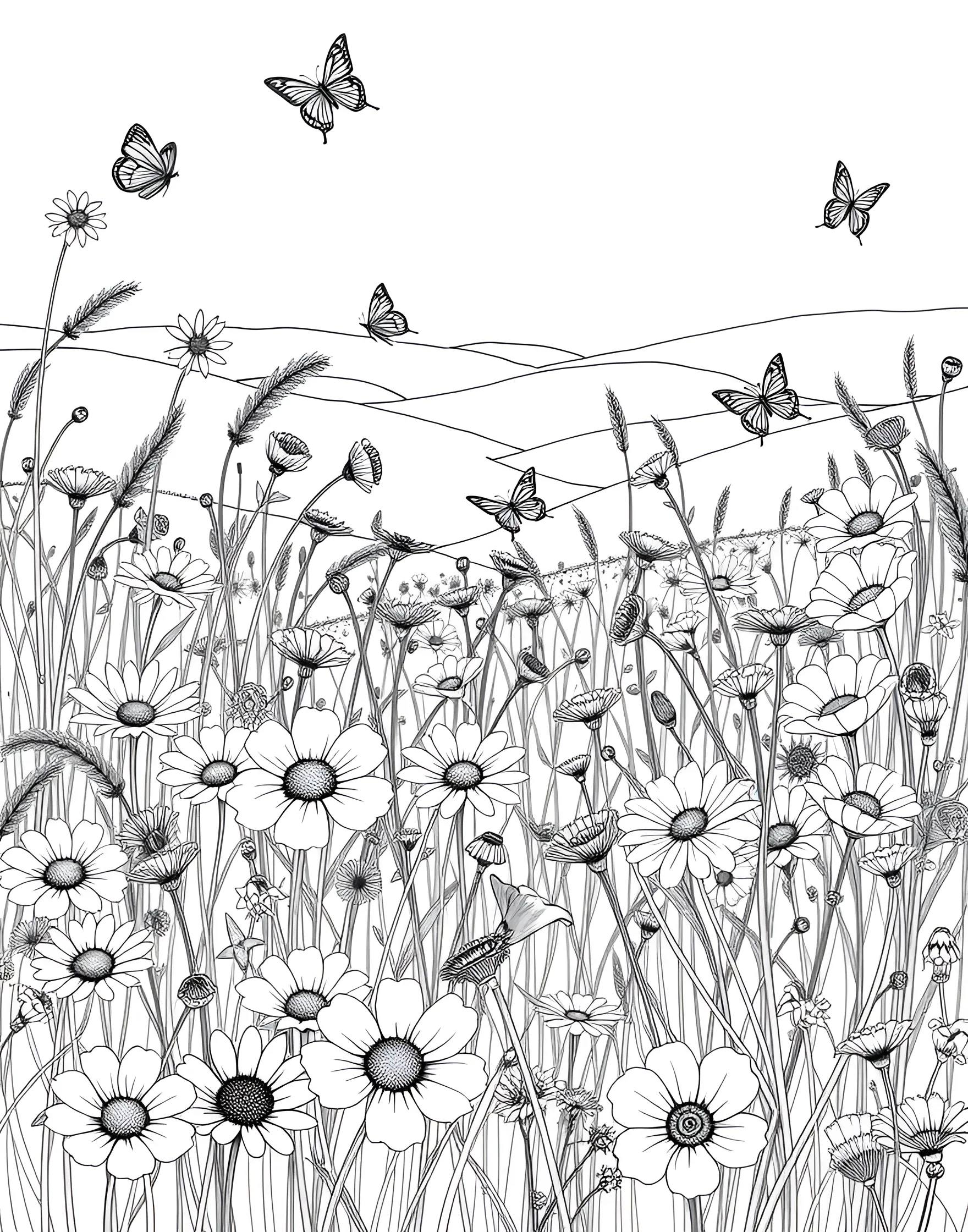 Whimsical Wildflower Meadow Coloring Page -- prompt: "A meadow filled with various wildflowers and grasses swaying in the breeze." -- Step into a whimsical wildflower meadow with this charming coloring page. A variety of wildflowers dance in an imaginary breeze, inviting you to create a colorful landscape. This page is perfect for experimenting with different color palettes and celebrating the beauty of untamed nature.