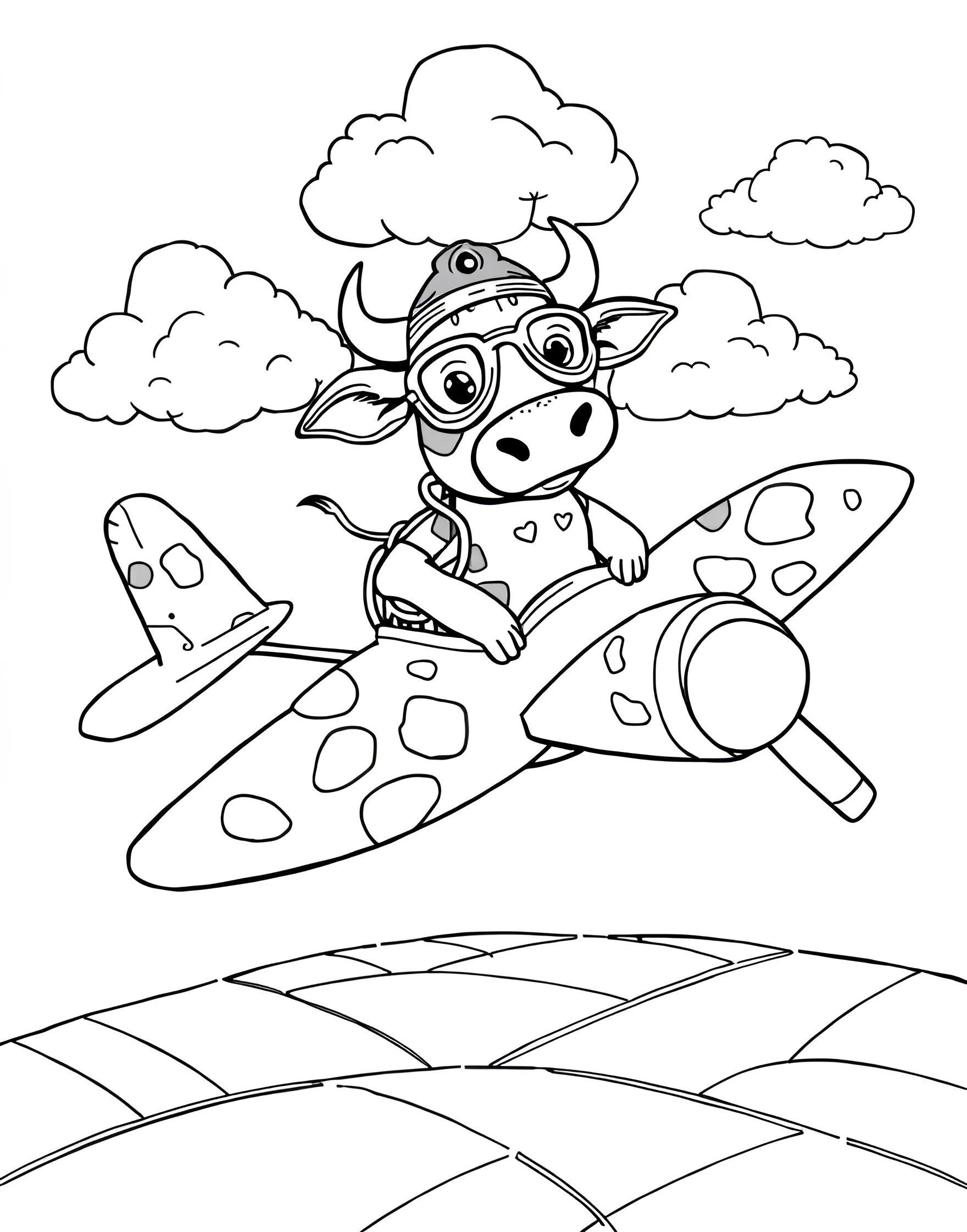 Cow Pilot Flying a Plane Coloring Page -- prompt: "A cow dressed as a pilot flying an airplane through clouds in the sky." -- Soar through the skies with this exciting cow pilot coloring page. The scene depicts a cow in the cockpit of an airplane, wearing aviator goggles and a captain's hat. This page combines the thrill of flight with the charm of our bovine friends.