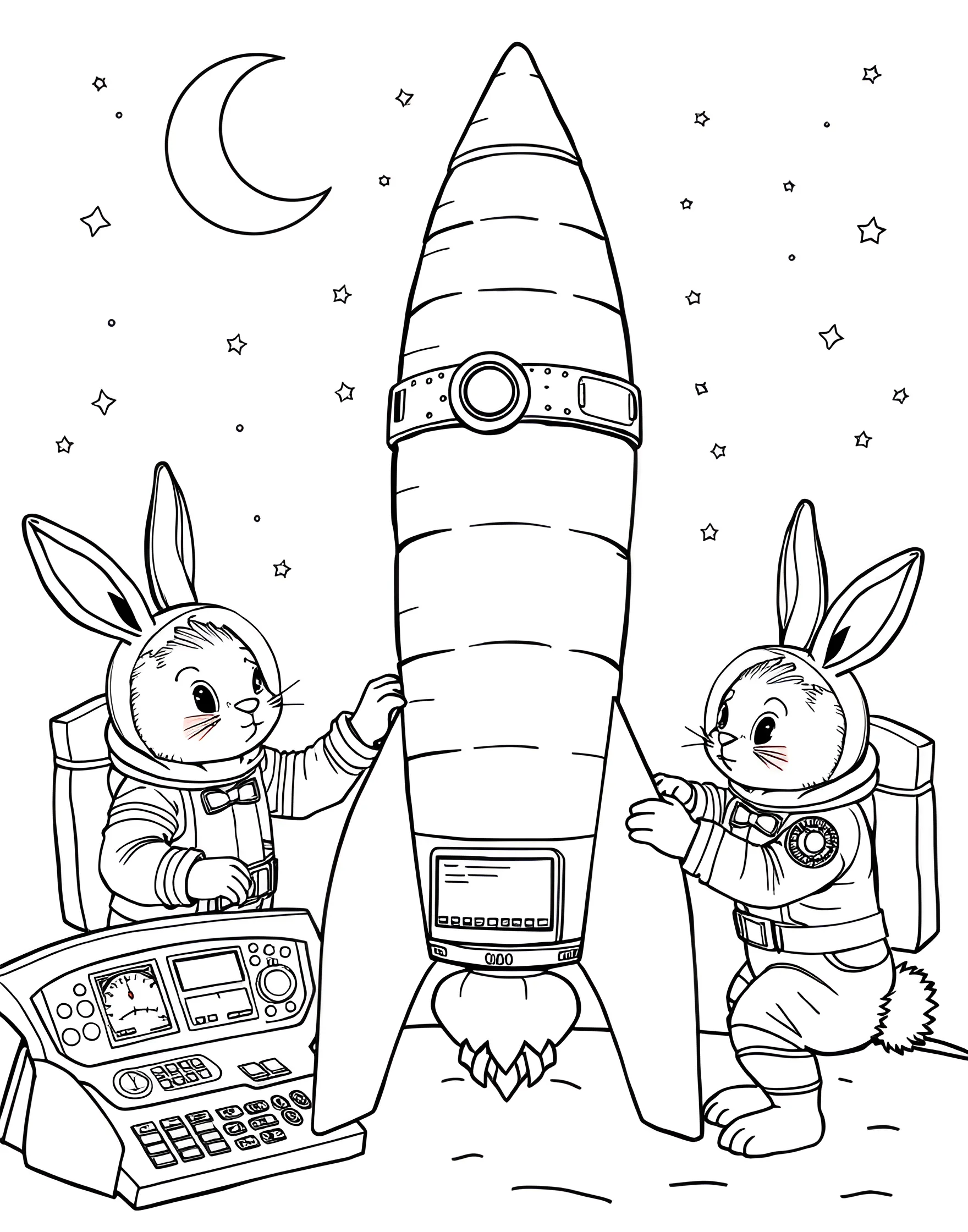 Bunny's Carrot Rocket Launch Coloring Page -- prompt: "Cute bunnies preparing to launch a carrot-shaped rocket into space." -- Blast off into cuteness with this imaginative coloring page featuring bunnies preparing for a carrot rocket launch. The scene shows bunnies in space suits, loading carrots into a rocket-shaped carrot, and preparing for liftoff. It's a delightful blend of bunny charm and space adventure.