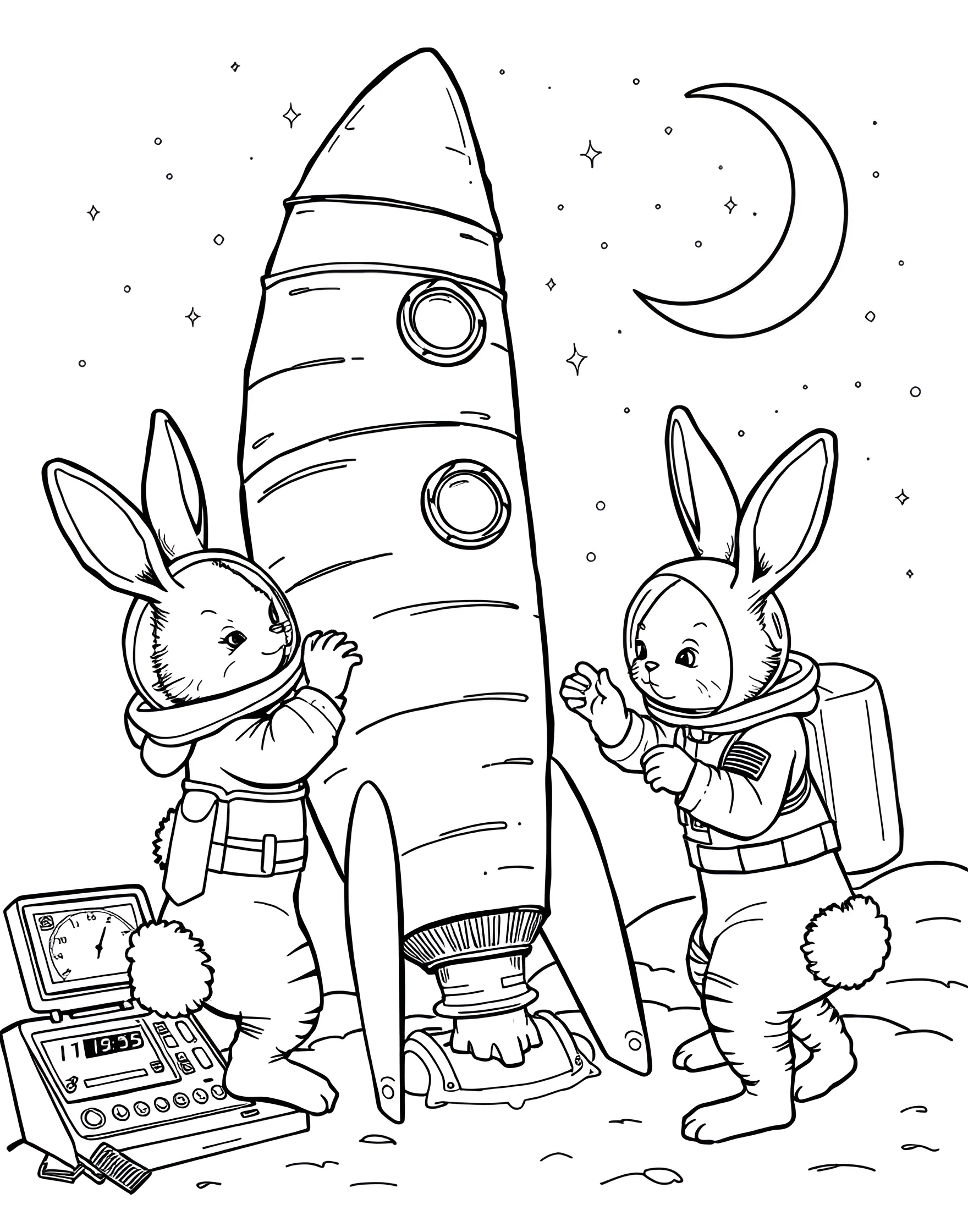 Bunny's Carrot Rocket Launch Coloring Page -- prompt: "Cute bunnies preparing to launch a carrot-shaped rocket into space." -- Blast off into cuteness with this imaginative coloring page featuring bunnies preparing for a carrot rocket launch. The scene shows bunnies in space suits, loading carrots into a rocket-shaped carrot, and preparing for liftoff. It's a delightful blend of bunny charm and space adventure.