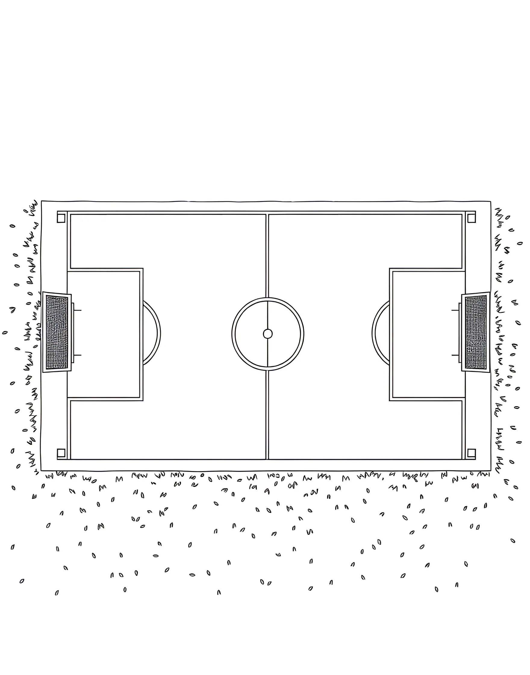 Soccer Field Overview Coloring Page -- prompt: "An overhead view of a complete soccer field with all its lines and markings." -- This comprehensive coloring page offers a bird's-eye view of a soccer field. It includes all the important markings, from the center circle to the penalty areas. This page is not only fun to color but also educational, helping children learn about the layout of a soccer field.