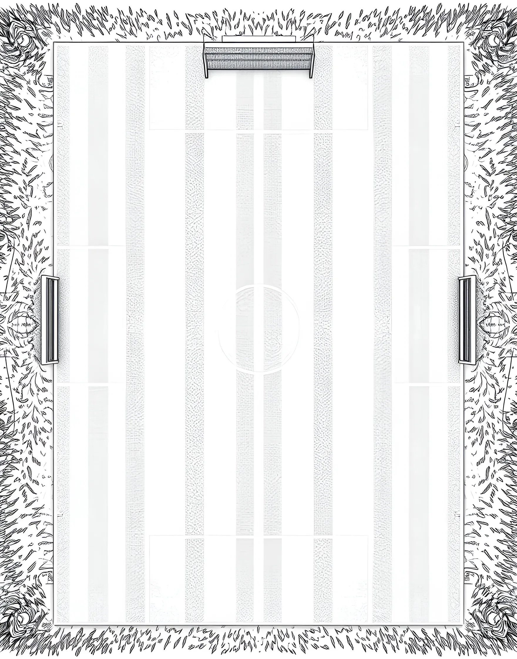 Soccer Field Overview Coloring Page -- prompt: "An overhead view of a complete soccer field with all its lines and markings." -- This comprehensive coloring page offers a bird's-eye view of a soccer field. It includes all the important markings, from the center circle to the penalty areas. This page is not only fun to color but also educational, helping children learn about the layout of a soccer field.