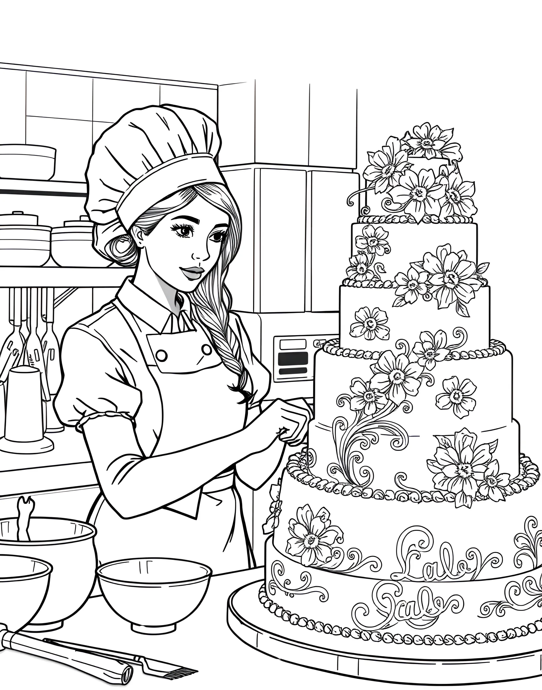 Girl Baker Decorating a Cake Coloring Page -- prompt: "A girl baker decorating a multi-tiered cake in a kitchen with baking utensils around her." -- Indulge your sweet tooth with this delightful coloring page of a girl baker. She's shown putting the finishing touches on a beautifully decorated cake. This page celebrates creativity in the kitchen and the joy of baking.