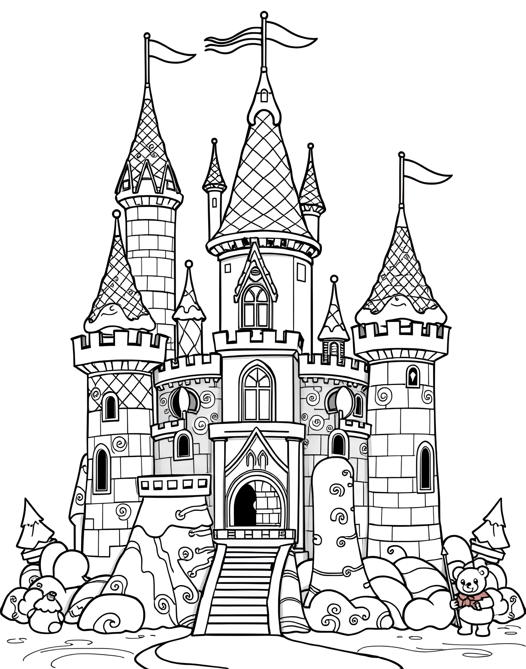 Ice Cream Sundae Castle Coloring Page -- prompt: "A fairytale castle made entirely of ice cream scoops, cones, and sundae toppings." -- Let your imagination soar with this fantastical ice cream sundae castle. Scoops of ice cream form towers, waffle cones create turrets, and sauces flow like moats around this sweet architectural wonder. This page is perfect for those who love to blend fantasy with their favorite treats.