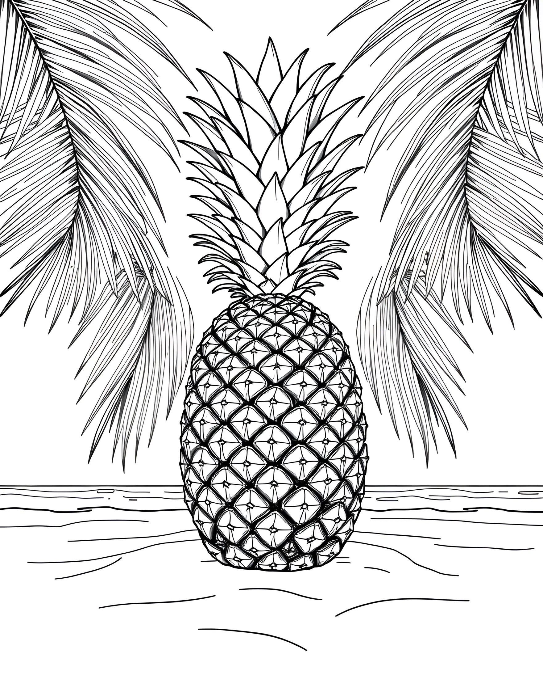 Pineapple Paradise Coloring Page -- prompt: "A large pineapple surrounded by tropical palm leaves on a beach setting." -- Escape to a tropical haven with this pineapple-themed coloring page. A majestic pineapple takes center stage, its spiky crown and intricate scale pattern offering a satisfying challenge for coloring enthusiasts. Palm fronds frame the scene, adding to the exotic atmosphere.