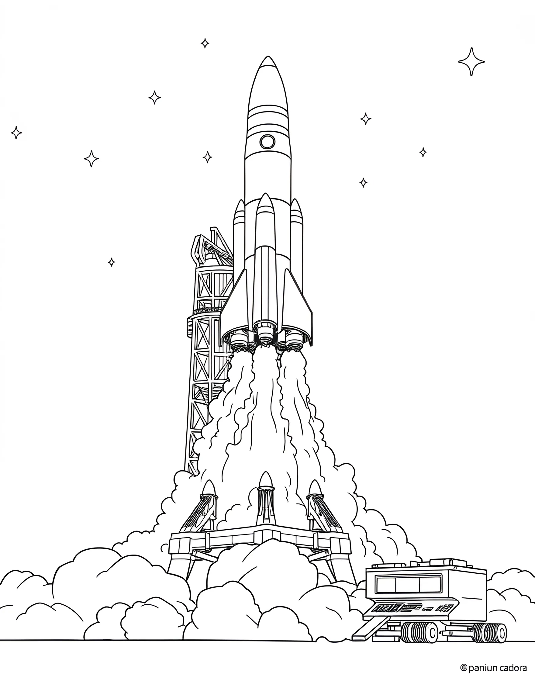 Rocket Launch Coloring Page -- prompt: "A rocket lifting off from a launch pad with billowing smoke and flames." -- Countdown to excitement with this rocket launch coloring page. A powerful rocket blasts off from its launch pad, ready to explore the cosmos. This page combines the thrill of space exploration with the fun of coloring, perfect for aspiring young astronauts.