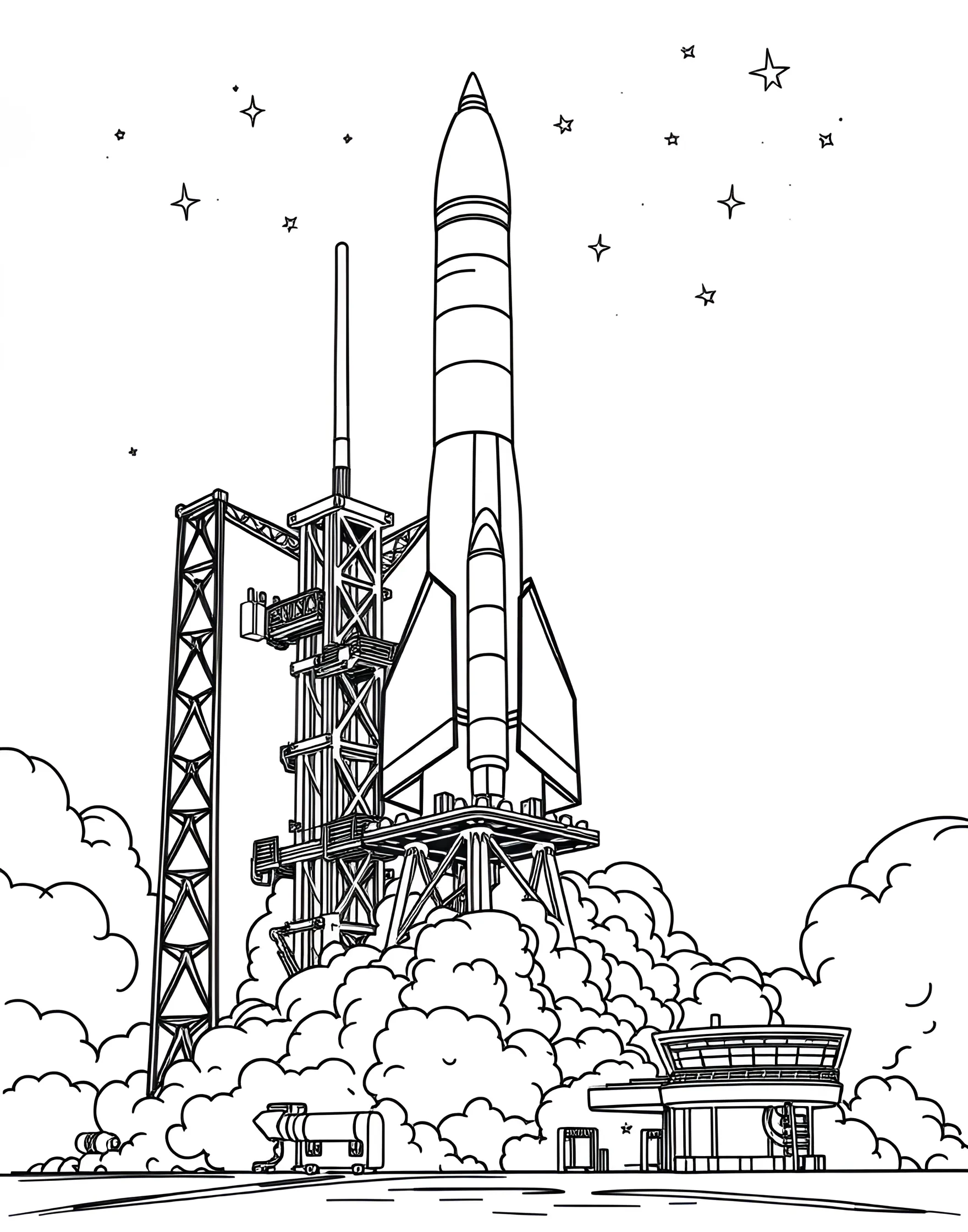 Rocket Launch Coloring Page -- prompt: "A rocket lifting off from a launch pad with billowing smoke and flames." -- Countdown to excitement with this rocket launch coloring page. A powerful rocket blasts off from its launch pad, ready to explore the cosmos. This page combines the thrill of space exploration with the fun of coloring, perfect for aspiring young astronauts.