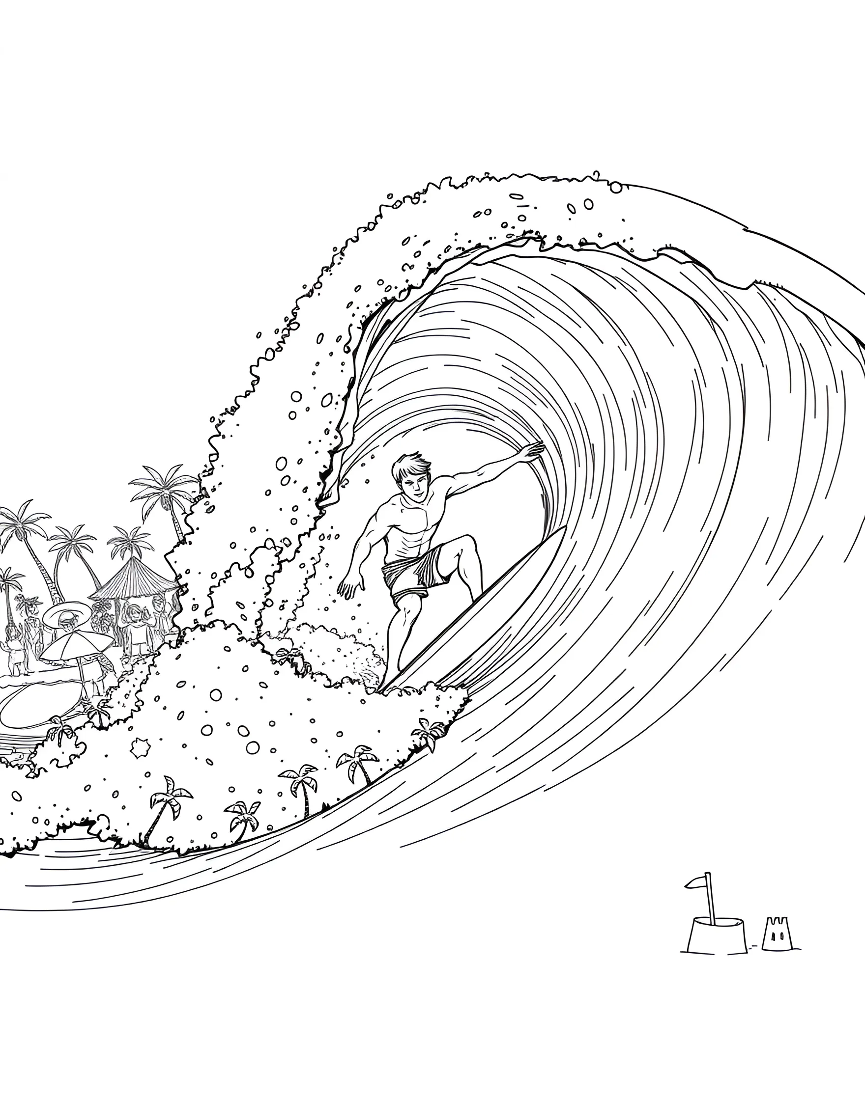 Surfing Adventure Coloring Page -- prompt: "A surfer riding a big wave with other surfers and beachgoers in the background." -- Ride the waves with this exciting surfing coloring page. The scene captures a skilled surfer carving through a massive wave, with spray flying and the board cutting through the water. In the background, other surfers wait for their turn, while beachgoers watch from the shore.