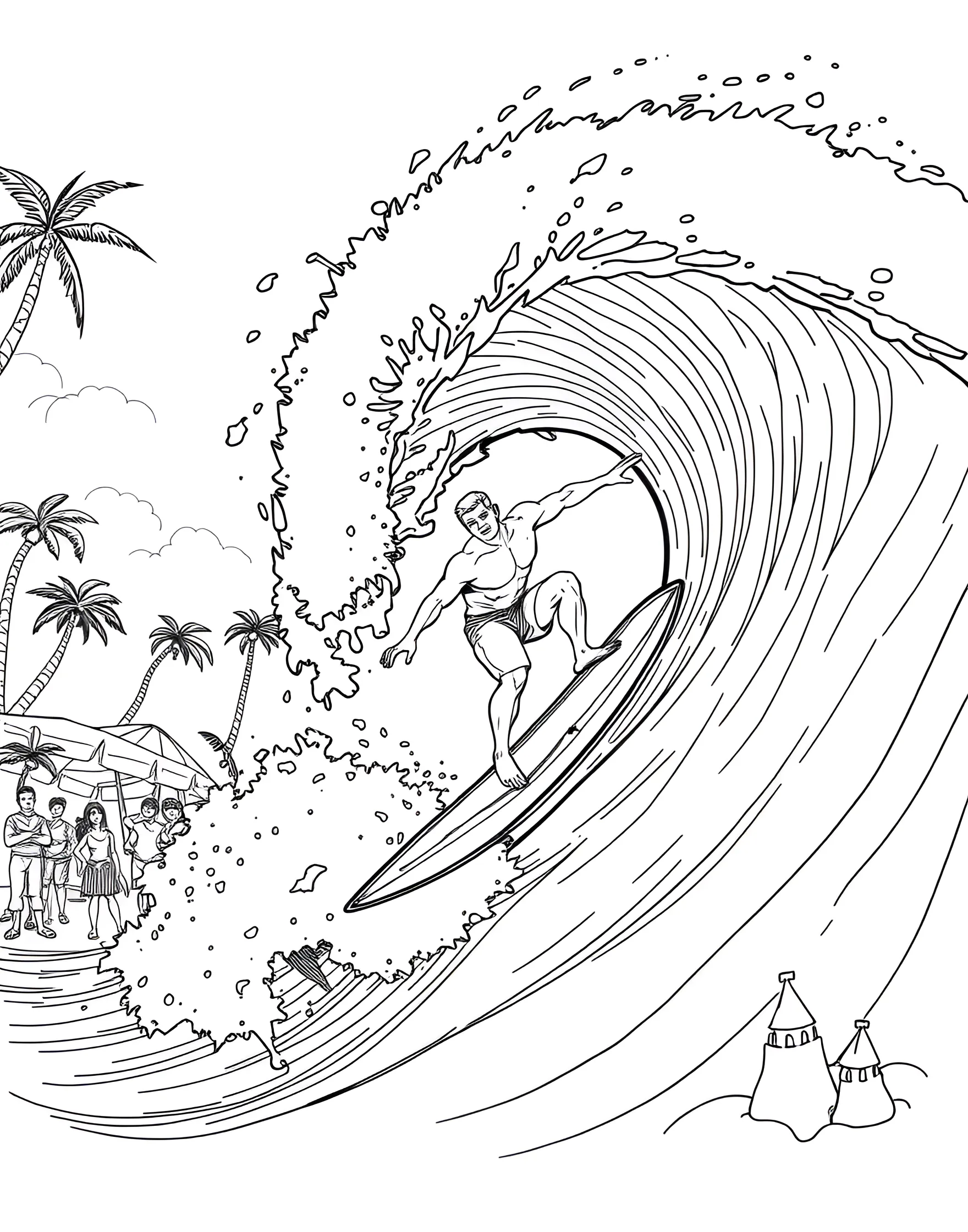 Surfing Adventure Coloring Page -- prompt: "A surfer riding a big wave with other surfers and beachgoers in the background." -- Ride the waves with this exciting surfing coloring page. The scene captures a skilled surfer carving through a massive wave, with spray flying and the board cutting through the water. In the background, other surfers wait for their turn, while beachgoers watch from the shore.