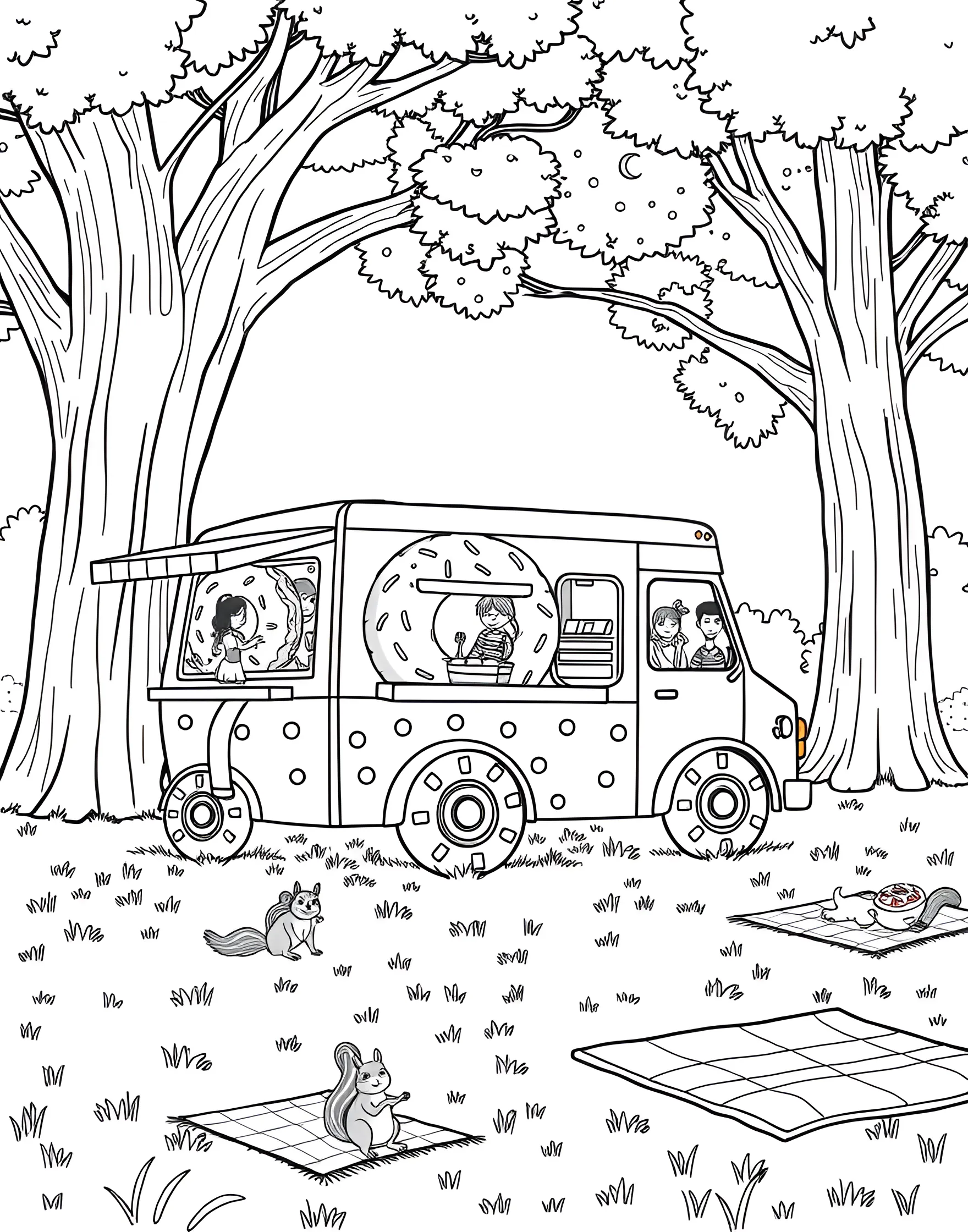 Donut Food Truck Adventure Coloring Page -- prompt: "A donut-themed food truck parked in a park, serving customers on a sunny day." -- Hit the road with this fun donut food truck adventure coloring page. The scene depicts a colorful food truck decorated with donut imagery, serving happy customers in a park setting. It's a lively page that captures the joy of mobile snacking and community gatherings.