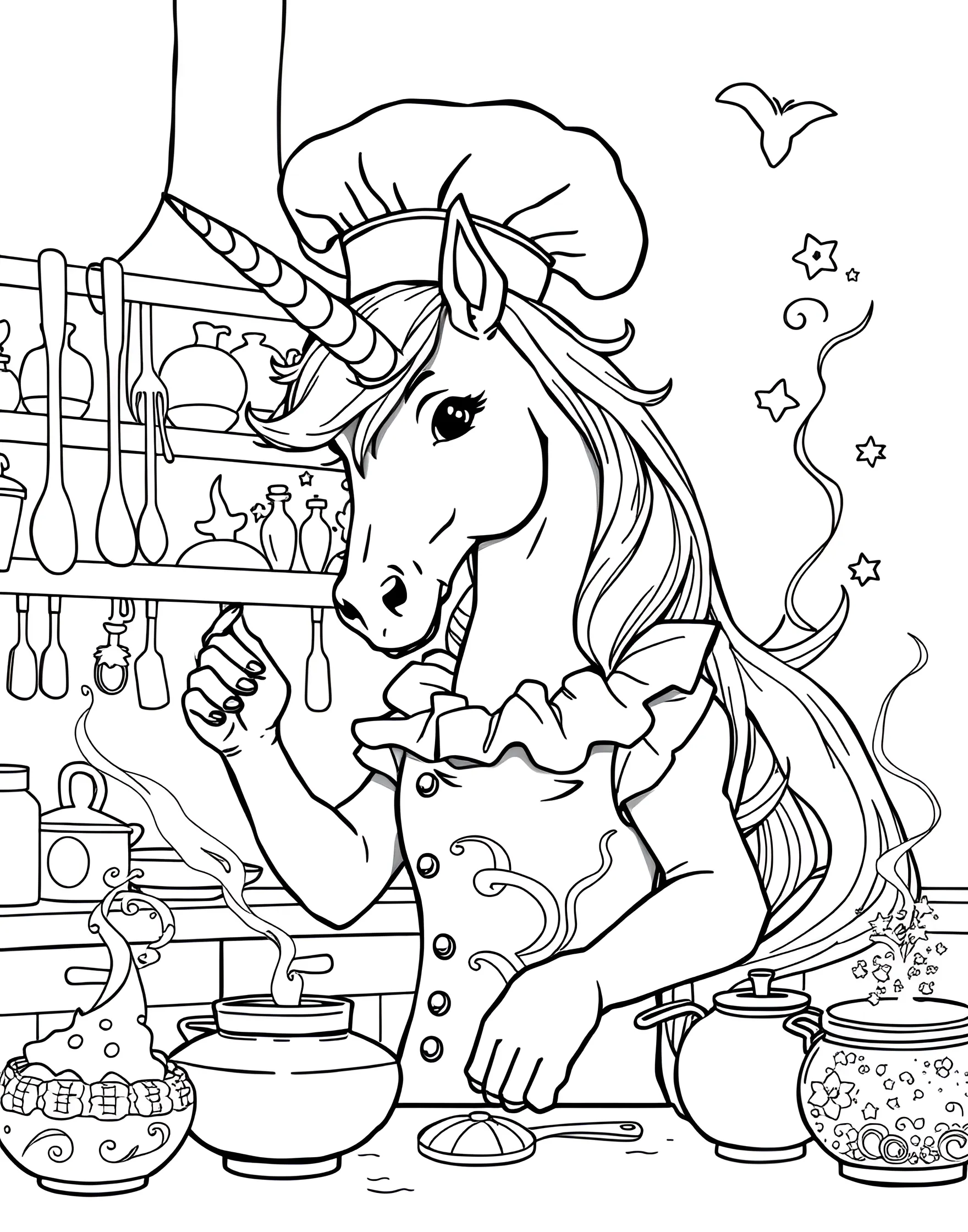 Unicorn Chef's Kitchen Coloring Page -- prompt: "A unicorn wearing a chef's hat and apron, cooking in a kitchen with magical floating ingredients and utensils." -- Cook up some magic with this delightful coloring page of a unicorn chef in the kitchen. Wearing a chef's hat and apron, the unicorn is surrounded by floating ingredients and magical cooking utensils. This page is ideal for those who love culinary themes with a fantastical twist.