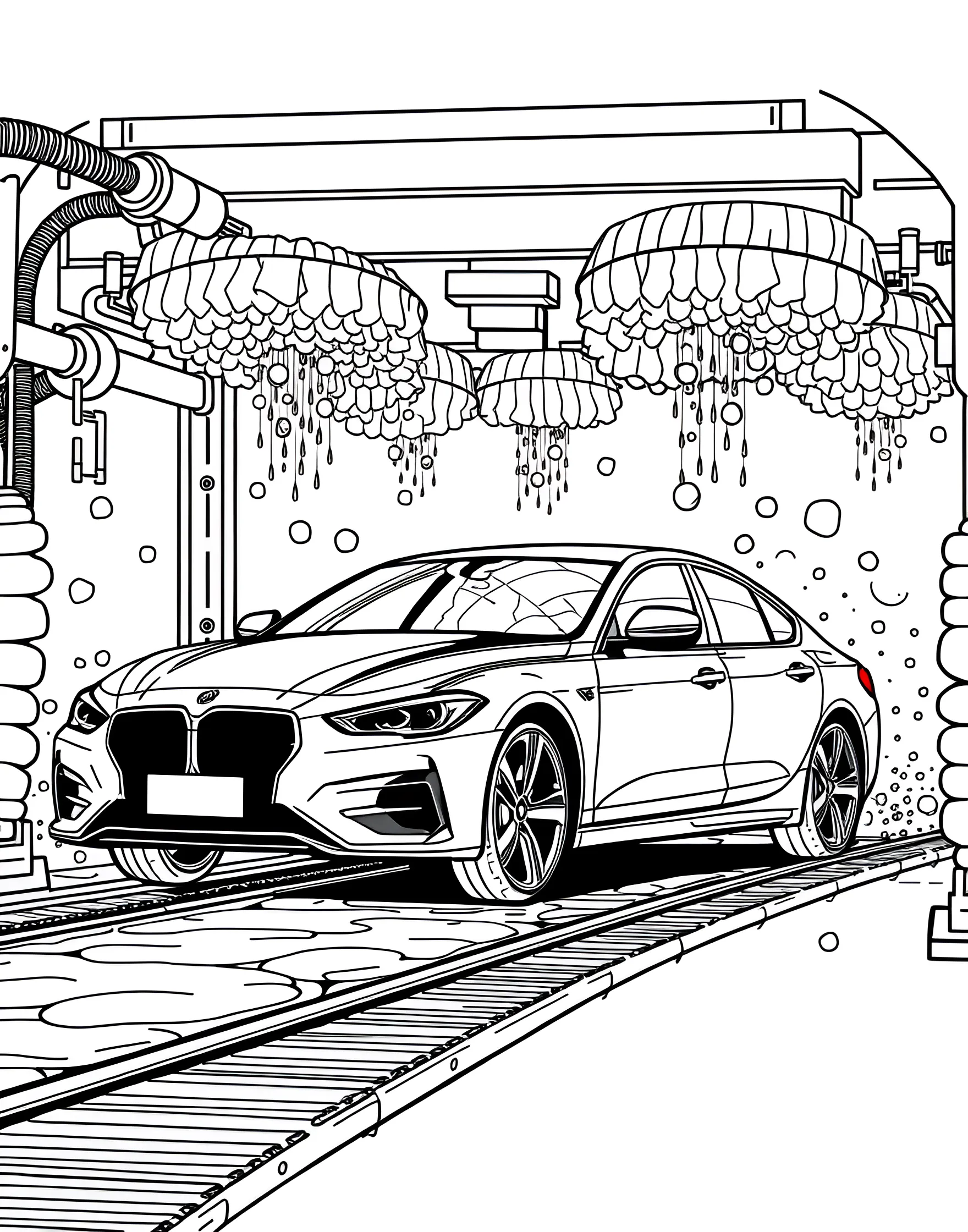 Car Wash Fun Coloring Page -- prompt: "A car going through an automatic car wash with soap, brushes, and water sprays visible." -- Make cleaning time enjoyable with this playful coloring page featuring a car going through an automatic car wash. The page shows a vehicle surrounded by soap suds, spinning brushes, and sprays of water. It's a bubbly delight for kids who find joy in the simple pleasures of a clean, shiny car.