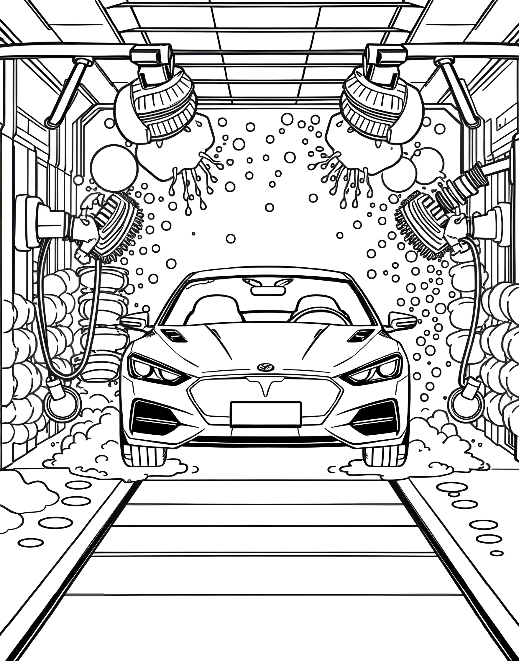 Car Wash Fun Coloring Page -- prompt: "A car going through an automatic car wash with soap, brushes, and water sprays visible." -- Make cleaning time enjoyable with this playful coloring page featuring a car going through an automatic car wash. The page shows a vehicle surrounded by soap suds, spinning brushes, and sprays of water. It's a bubbly delight for kids who find joy in the simple pleasures of a clean, shiny car.