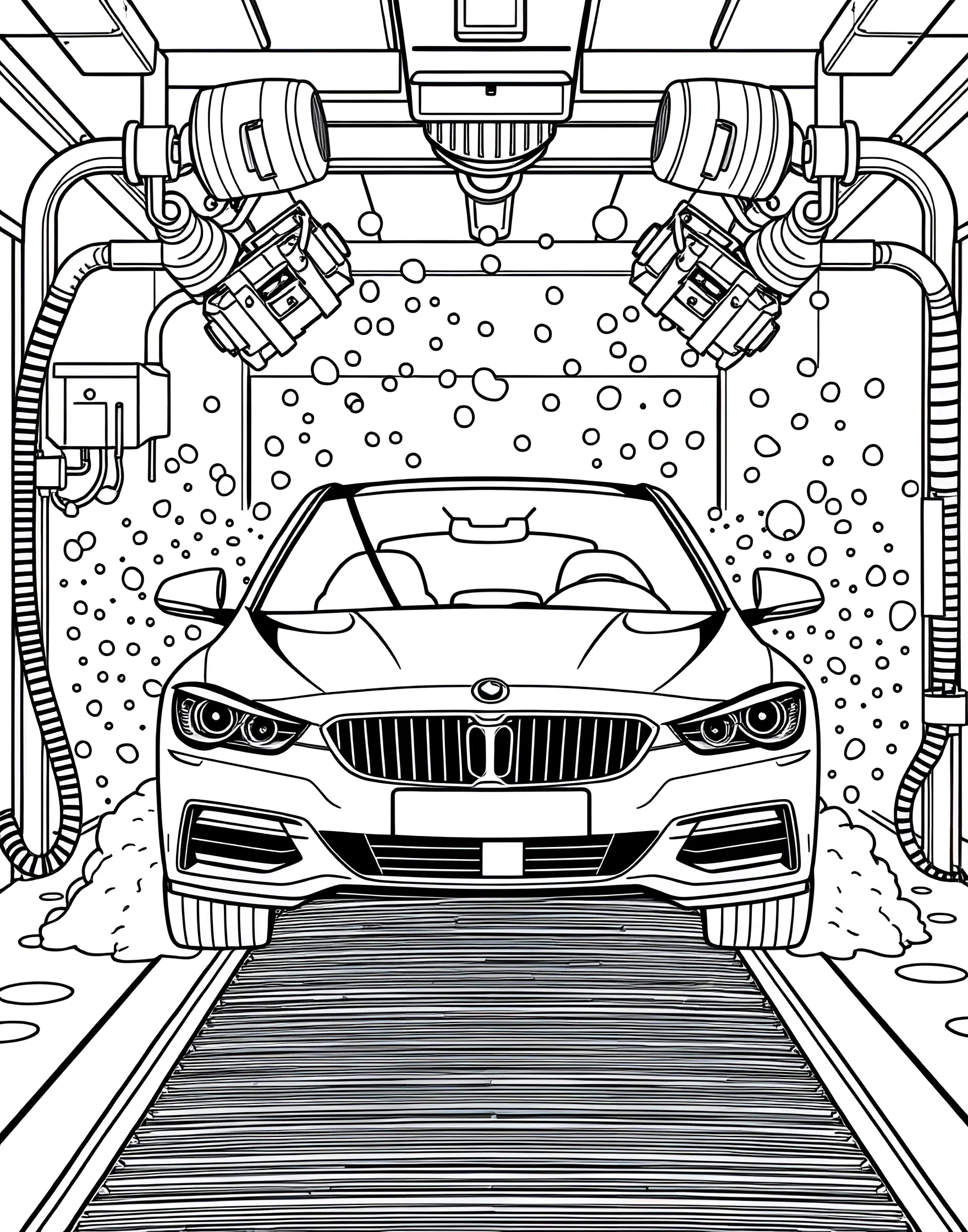 Car Wash Fun Coloring Page -- prompt: "A car going through an automatic car wash with soap, brushes, and water sprays visible." -- Make cleaning time enjoyable with this playful coloring page featuring a car going through an automatic car wash. The page shows a vehicle surrounded by soap suds, spinning brushes, and sprays of water. It's a bubbly delight for kids who find joy in the simple pleasures of a clean, shiny car.