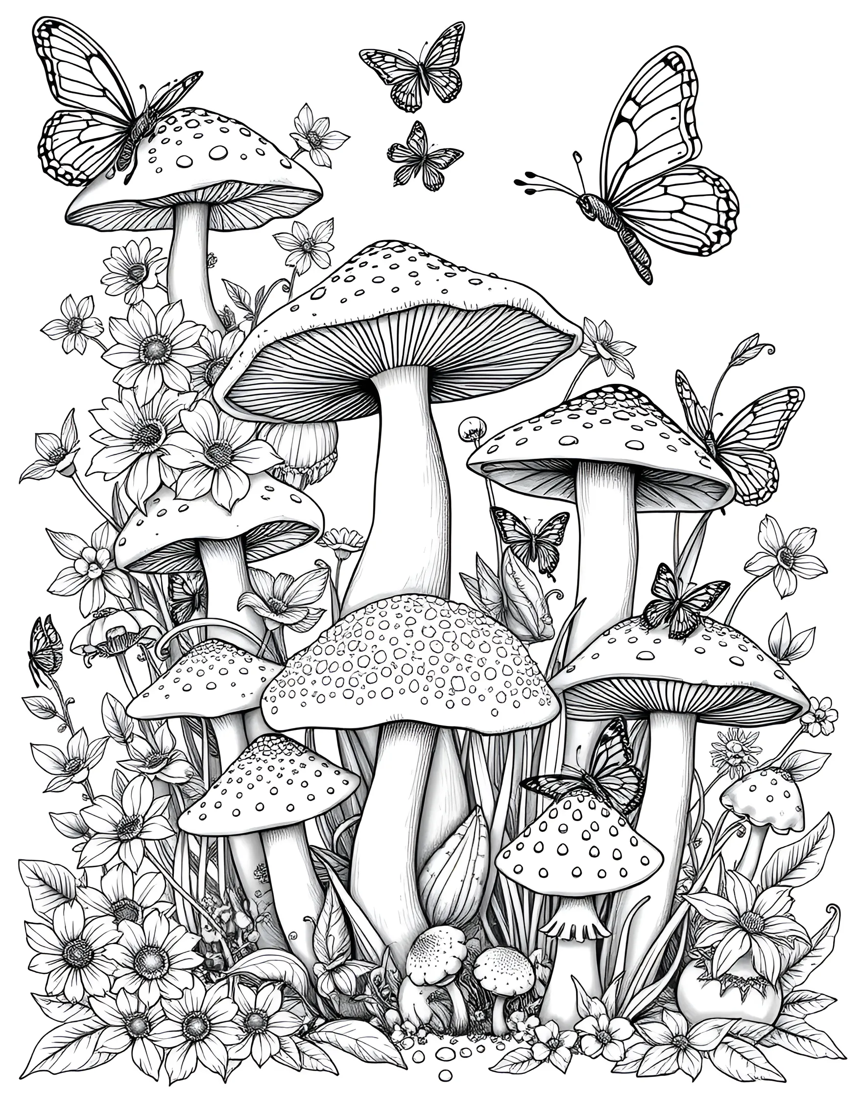 Mushroom Butterfly Garden Coloring Page -- prompt: "A garden scene with various mushrooms and flowers, with colorful butterflies flying among them." -- Experience the beauty of nature with this mushroom butterfly garden coloring page. Colorful butterflies flit among a variety of mushrooms and flowers, creating a lively and enchanting scene. This page celebrates the harmony between fungi and insects in a vibrant garden setting.