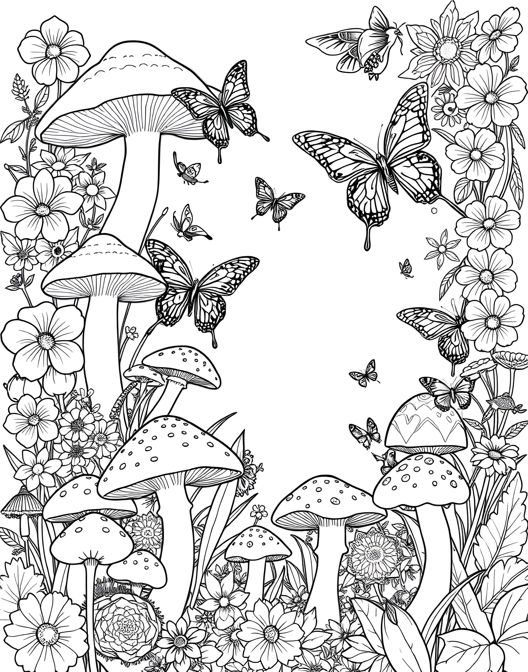 Mushroom Butterfly Garden Coloring Page -- prompt: "A garden scene with various mushrooms and flowers, with colorful butterflies flying among them." -- Experience the beauty of nature with this mushroom butterfly garden coloring page. Colorful butterflies flit among a variety of mushrooms and flowers, creating a lively and enchanting scene. This page celebrates the harmony between fungi and insects in a vibrant garden setting.