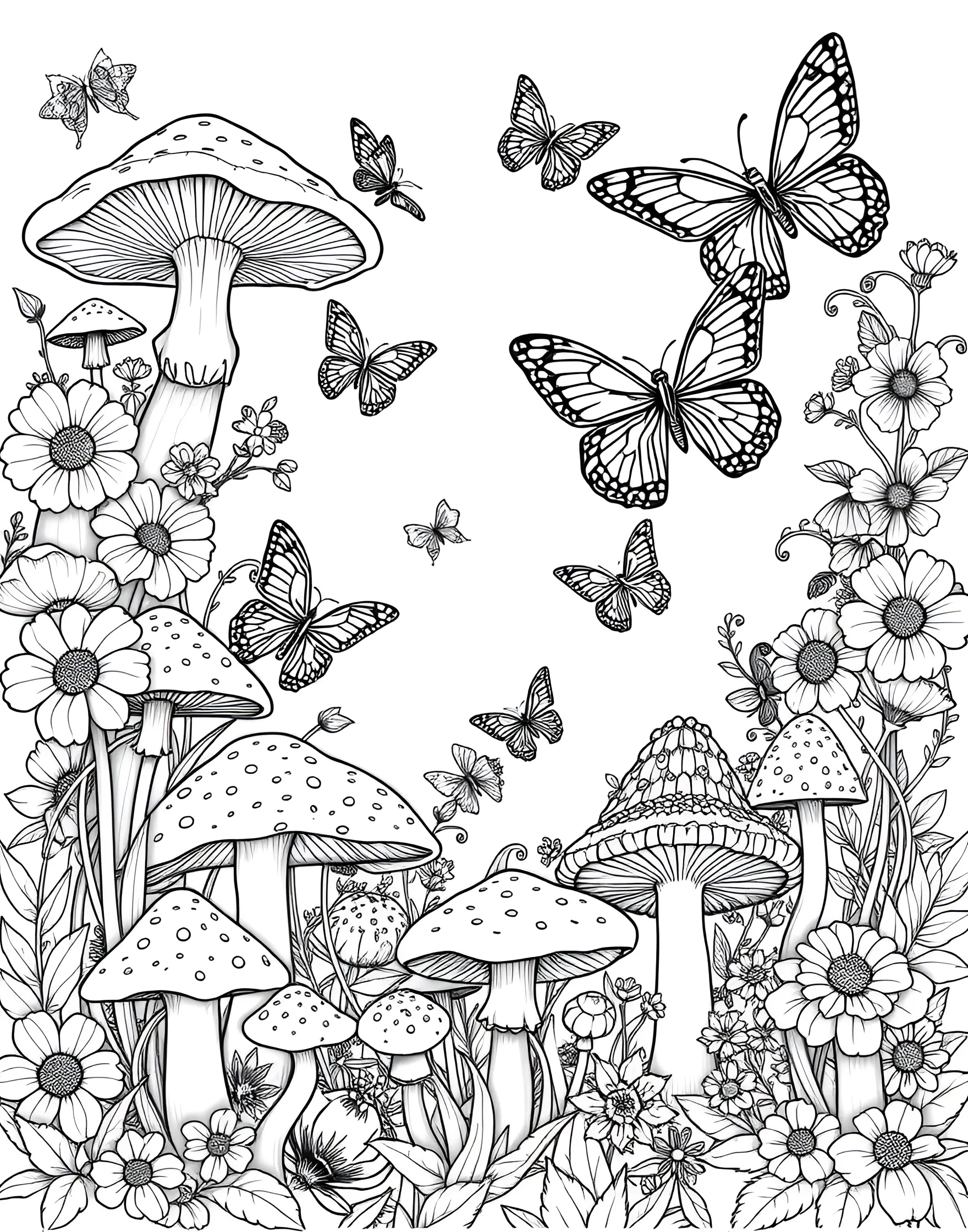 Mushroom Butterfly Garden Coloring Page -- prompt: "A garden scene with various mushrooms and flowers, with colorful butterflies flying among them." -- Experience the beauty of nature with this mushroom butterfly garden coloring page. Colorful butterflies flit among a variety of mushrooms and flowers, creating a lively and enchanting scene. This page celebrates the harmony between fungi and insects in a vibrant garden setting.