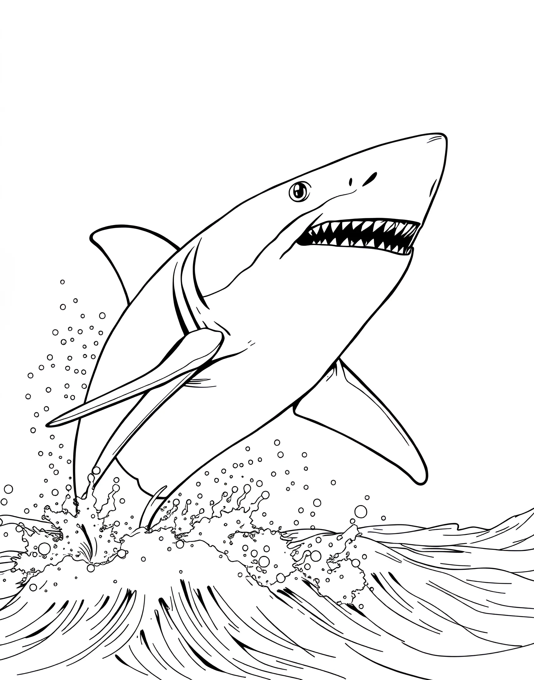 Great White Shark Breaching Coloring Page -- prompt: "A great white shark breaching the ocean surface, with water splashing around it against a clear sky." -- Capture the power and majesty of a great white shark as it bursts out of the ocean. This dynamic coloring page showcases the shark's impressive size and strength, with water droplets flying around its sleek body. It's a perfect opportunity to use various shades of blue for the sea and sky, while bringing the shark to life with gray tones.