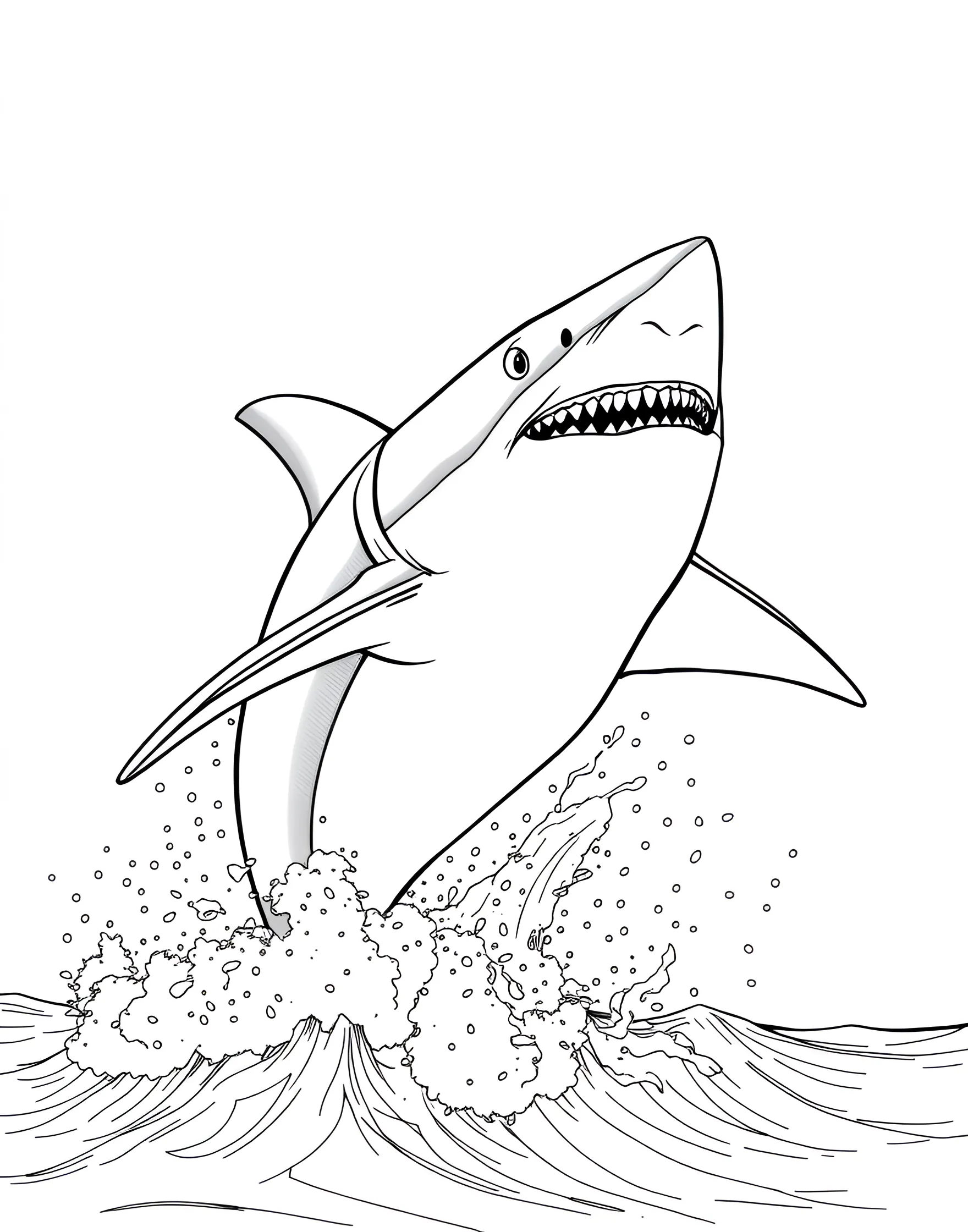 Great White Shark Breaching Coloring Page -- prompt: "A great white shark breaching the ocean surface, with water splashing around it against a clear sky." -- Capture the power and majesty of a great white shark as it bursts out of the ocean. This dynamic coloring page showcases the shark's impressive size and strength, with water droplets flying around its sleek body. It's a perfect opportunity to use various shades of blue for the sea and sky, while bringing the shark to life with gray tones.