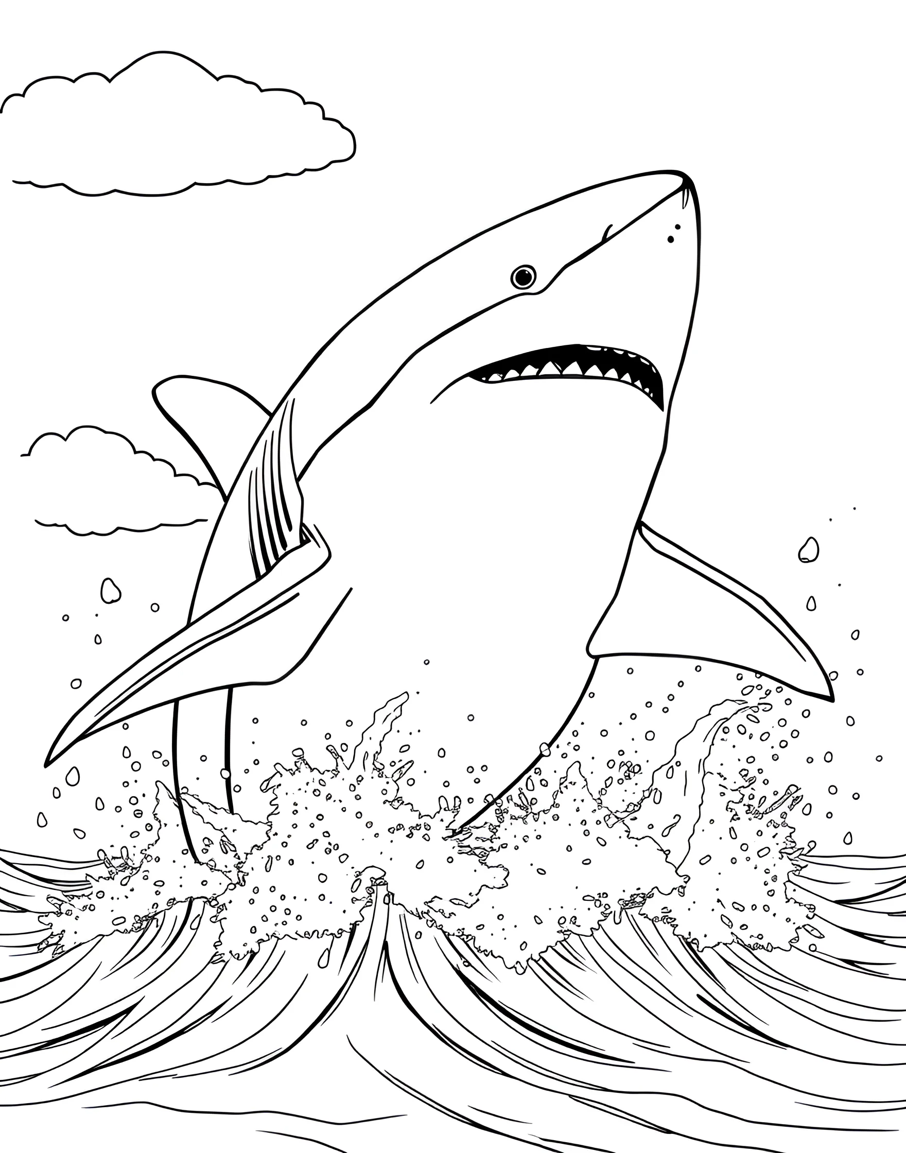 Great White Shark Breaching Coloring Page -- prompt: "A great white shark breaching the ocean surface, with water splashing around it against a clear sky." -- Capture the power and majesty of a great white shark as it bursts out of the ocean. This dynamic coloring page showcases the shark's impressive size and strength, with water droplets flying around its sleek body. It's a perfect opportunity to use various shades of blue for the sea and sky, while bringing the shark to life with gray tones.