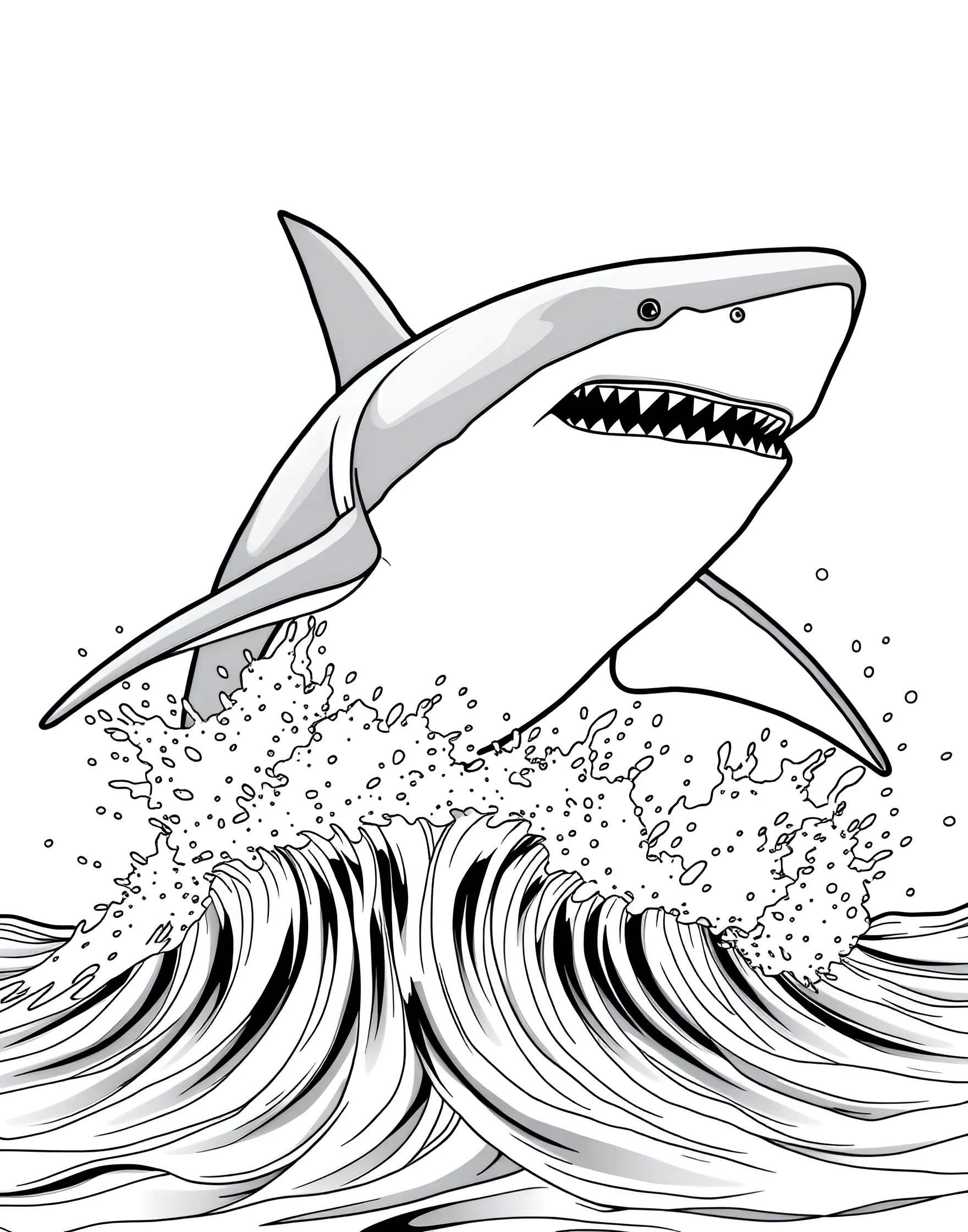 Great White Shark Breaching Coloring Page -- prompt: "A great white shark breaching the ocean surface, with water splashing around it against a clear sky." -- Capture the power and majesty of a great white shark as it bursts out of the ocean. This dynamic coloring page showcases the shark's impressive size and strength, with water droplets flying around its sleek body. It's a perfect opportunity to use various shades of blue for the sea and sky, while bringing the shark to life with gray tones.