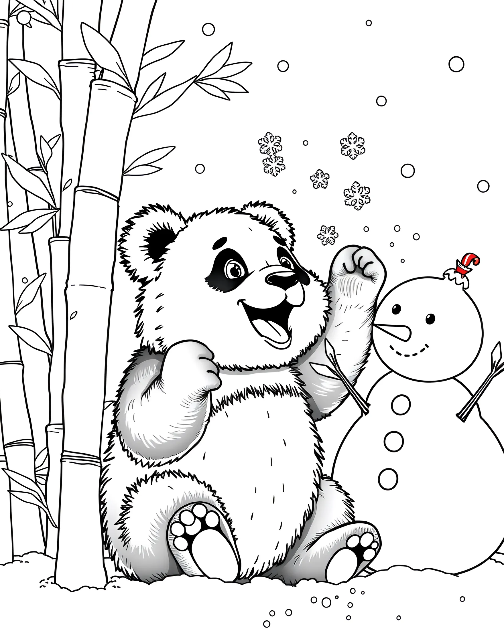 Panda's First Snow Day Coloring Page -- prompt: "A panda cub catching snowflakes on its tongue in a snowy bamboo forest with a half-built snowman." -- Experience winter wonder through a panda's eyes with this delightful coloring page. A young panda cub stands in awe, catching snowflakes on its tongue. Surrounding bamboo stalks are dusted with snow, and a partially built snowman with bamboo stick arms stands nearby.