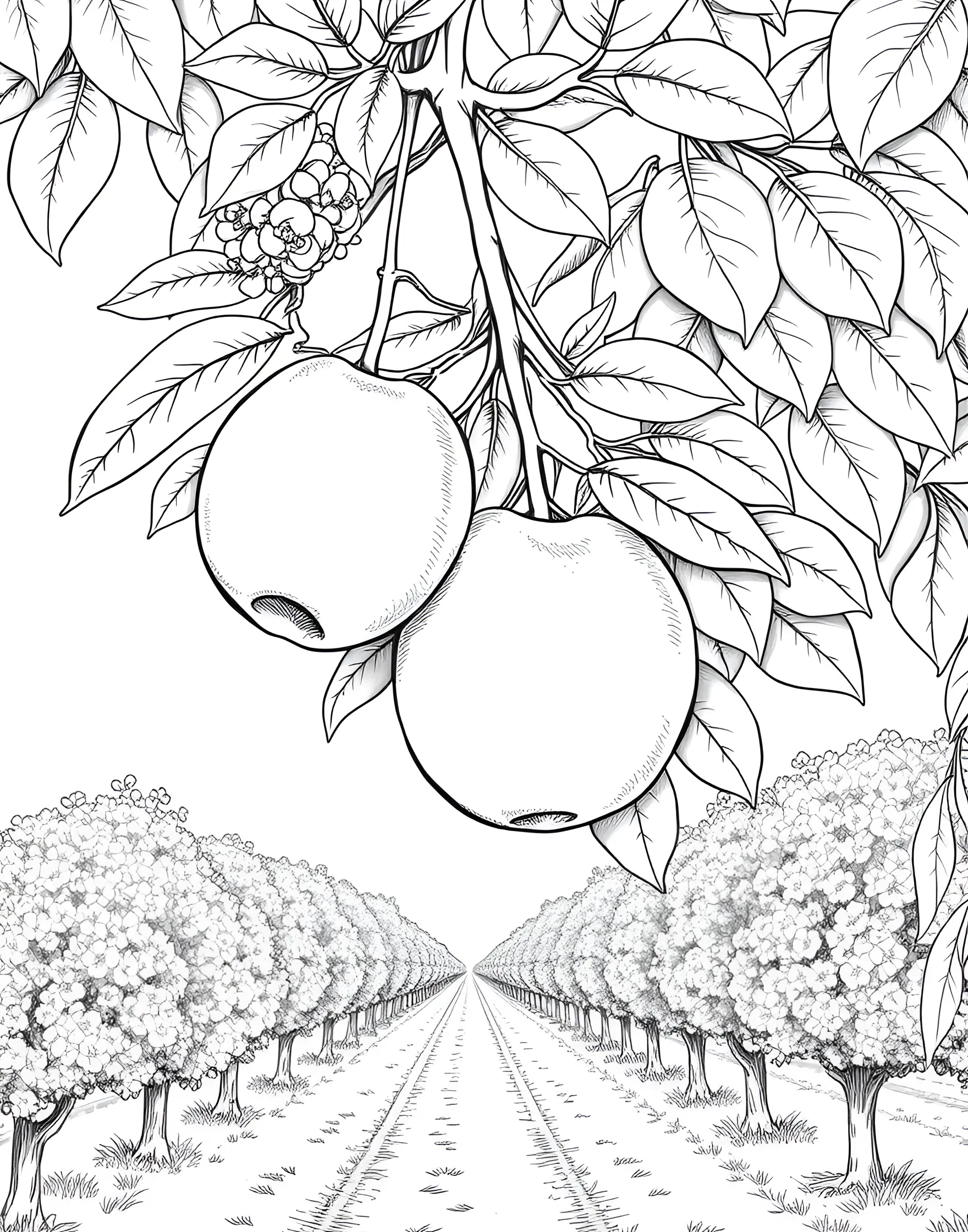 Nectarine Nirvana Coloring Page -- prompt: "Ripe nectarines with nectarine blossoms and leaves in an orchard setting." -- Indulge in stone fruit sweetness with this nectarine-themed coloring page. Ripe, smooth-skinned nectarines nestle among delicate nectarine blossoms and leaves. The scene captures the essence of a summer orchard, inviting colorists to bring the fruits to life with warm, rosy hues.