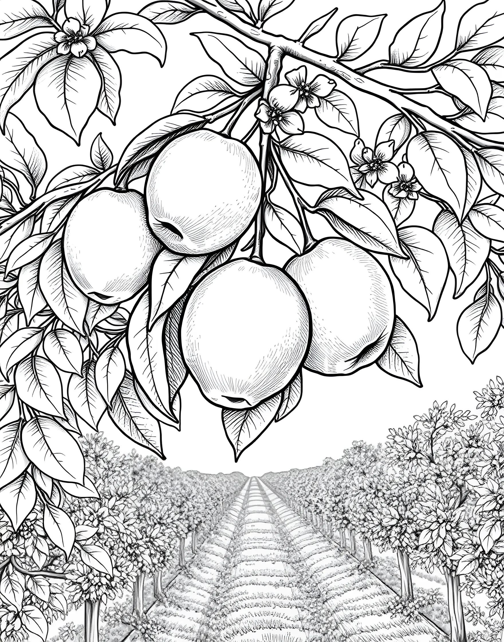 Nectarine Nirvana Coloring Page -- prompt: "Ripe nectarines with nectarine blossoms and leaves in an orchard setting." -- Indulge in stone fruit sweetness with this nectarine-themed coloring page. Ripe, smooth-skinned nectarines nestle among delicate nectarine blossoms and leaves. The scene captures the essence of a summer orchard, inviting colorists to bring the fruits to life with warm, rosy hues.