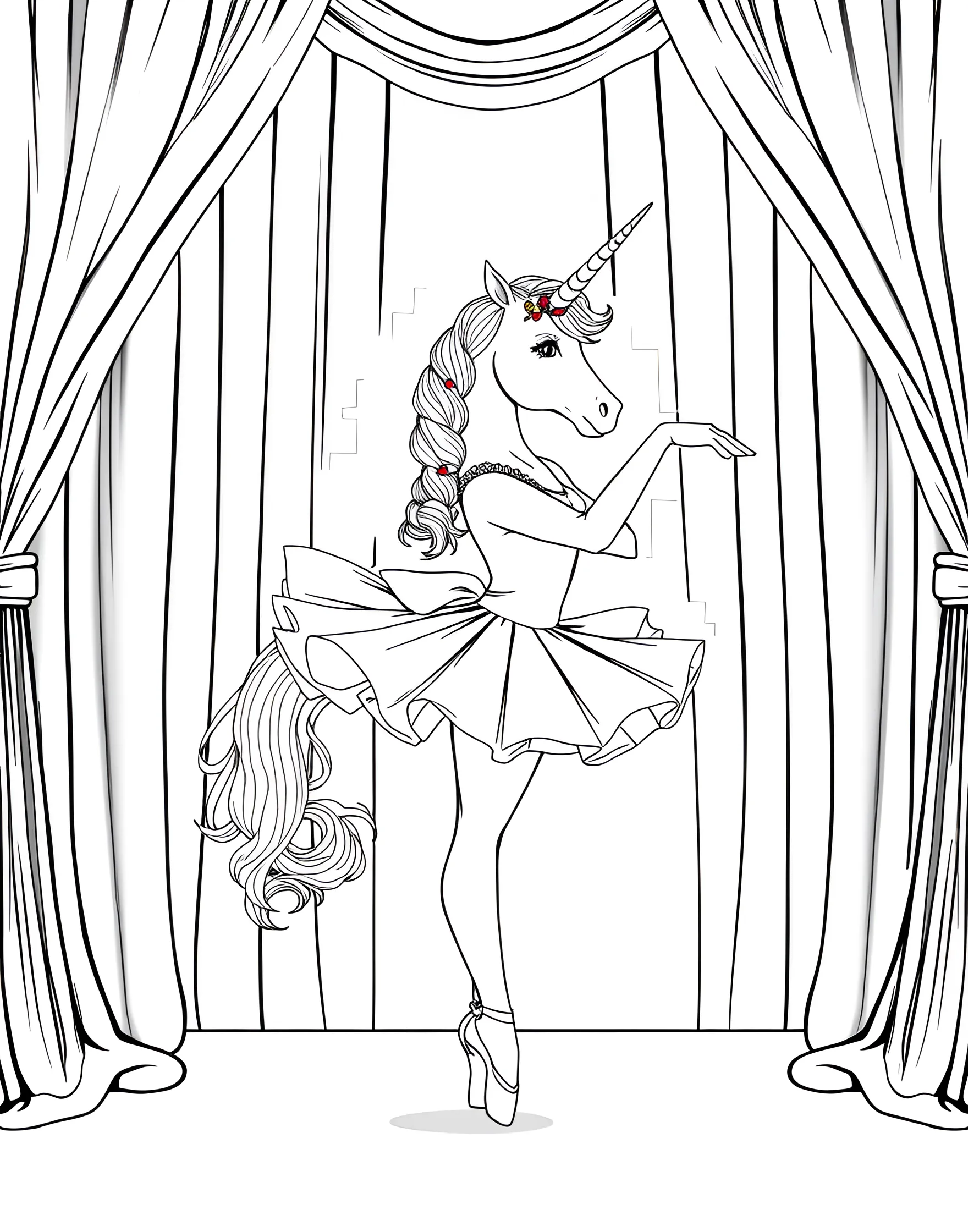 Unicorn Ballerina Coloring Page -- prompt: "A unicorn wearing a tutu and ballet shoes, performing a ballet pose on a stage." -- Dance into a world of grace and beauty with this elegant coloring page of a unicorn ballerina. The unicorn, wearing a tutu and pointe shoes, strikes a perfect arabesque pose. This page is ideal for those who appreciate the arts and elegant, flowing designs.