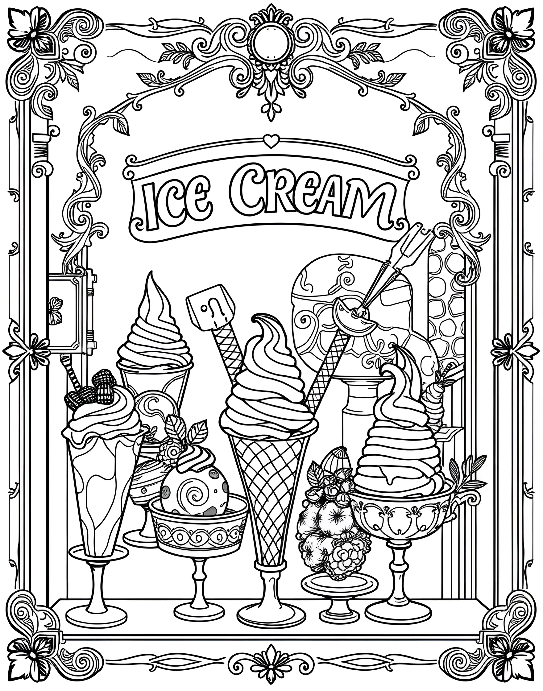 Ice Cream Shop Window Display Coloring Page -- prompt: "An elaborate ice cream shop window display showcasing a variety of ice cream desserts and flavors." -- Peek into the enticing world of an ice cream shop with this detailed window display. Various ice cream creations are artfully arranged, tempting passersby. This page offers a mix of simple and intricate designs, suitable for colorists of all levels.