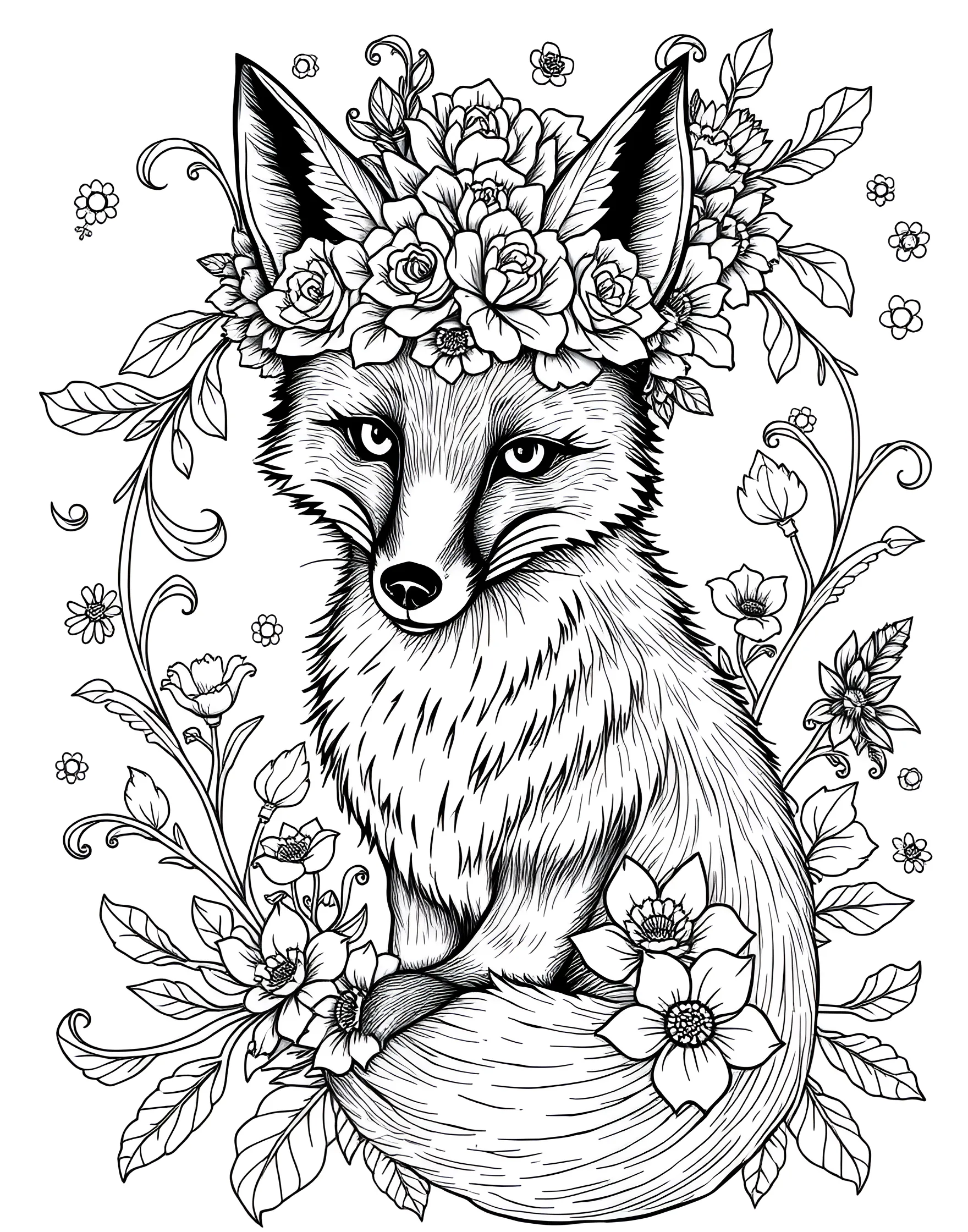 Elegant Fox with a Floral Crown Coloring Page -- prompt: "A fox wearing a crown of flowers, sitting among floral patterns." -- This whimsical and elegant coloring page features a regal fox adorned with a crown of wildflowers. The fox sits proudly, surrounded by additional floral elements and swirling patterns. It's a perfect page for those who love combining natural and fantastical elements in their coloring.