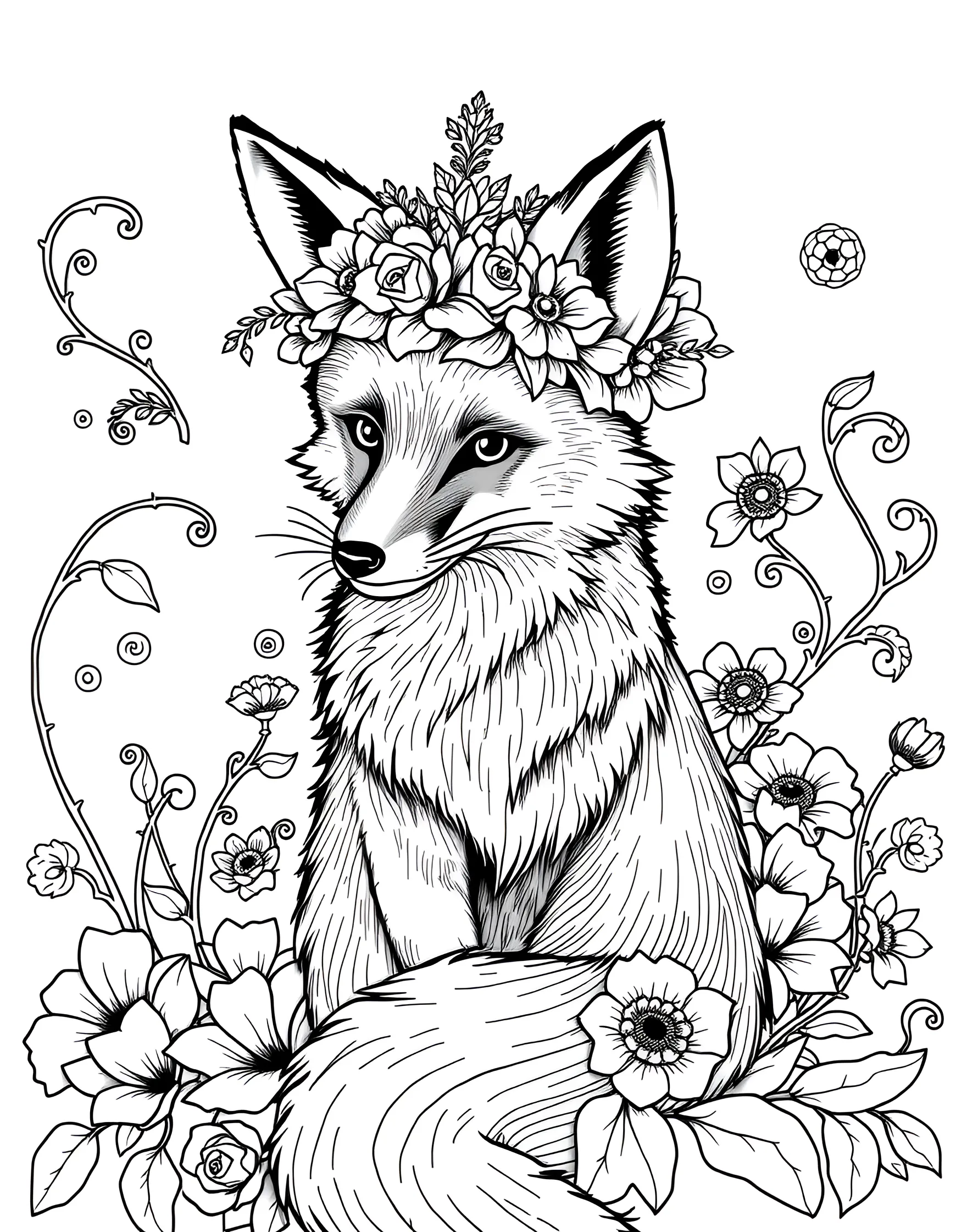 Elegant Fox with a Floral Crown Coloring Page -- prompt: "A fox wearing a crown of flowers, sitting among floral patterns." -- This whimsical and elegant coloring page features a regal fox adorned with a crown of wildflowers. The fox sits proudly, surrounded by additional floral elements and swirling patterns. It's a perfect page for those who love combining natural and fantastical elements in their coloring.