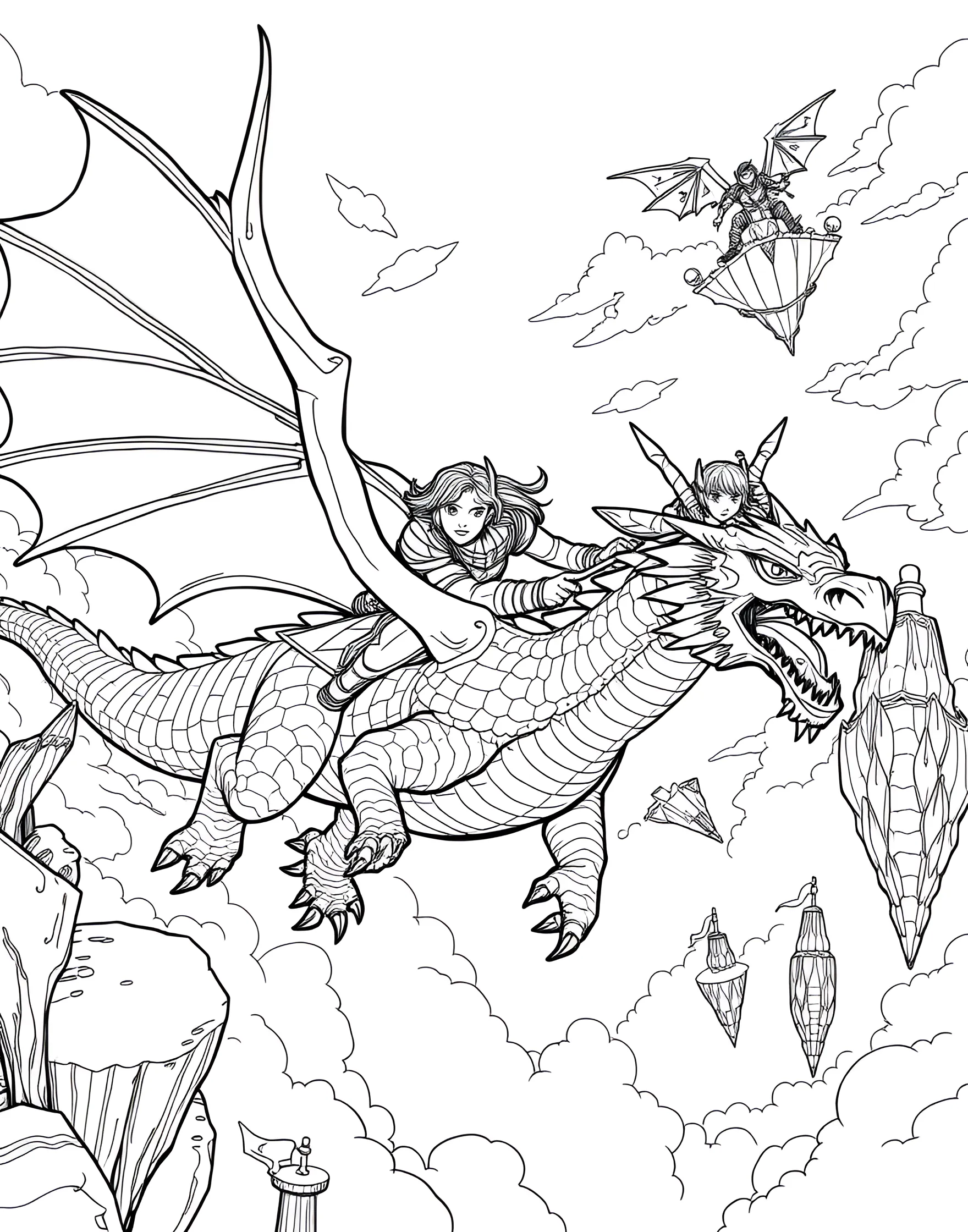 Dragon Racing Coloring Page -- prompt: "Dragon riders racing through the sky, navigating between floating islands and obstacles." -- Soar through the skies with this thrilling dragon racing coloring page. Brave riders on the backs of majestic dragons compete in an aerial race through a fantasy landscape. This page combines the excitement of racing with the wonder of mythical creatures, perfect for boys with vivid imaginations.